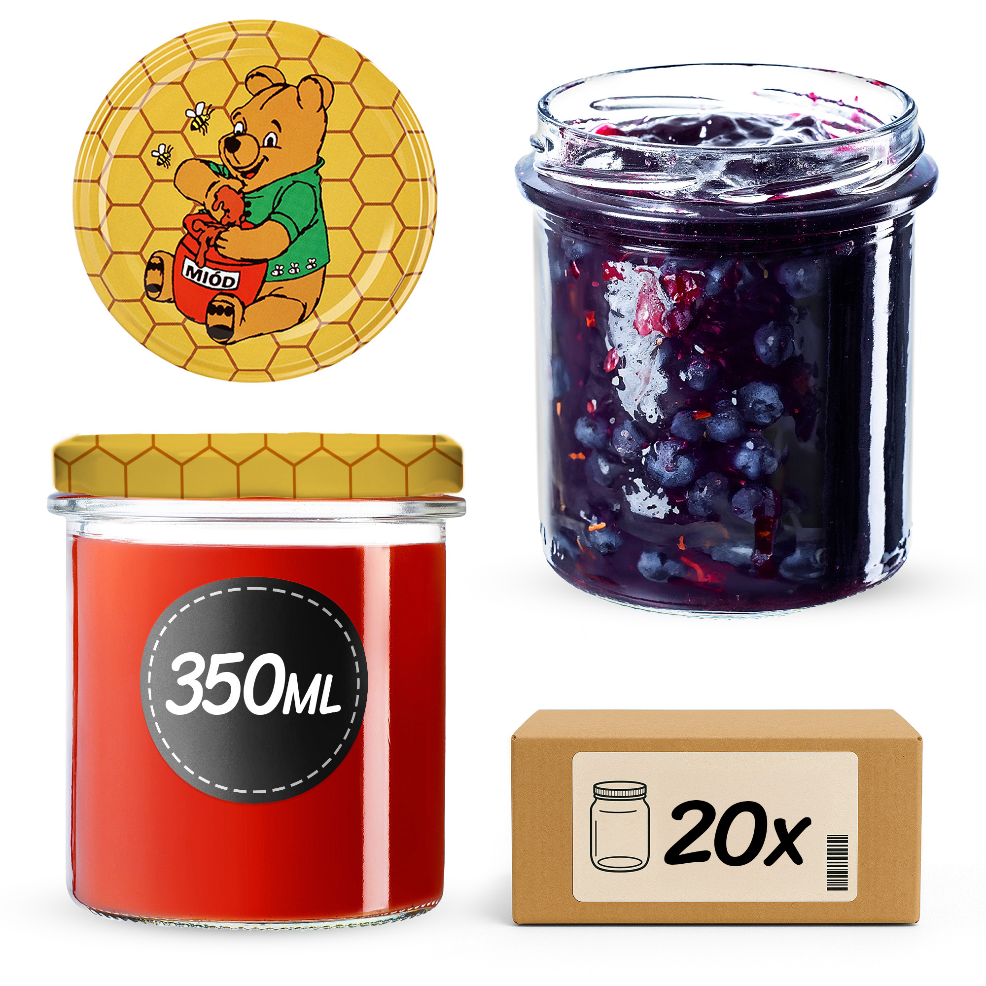 Słoiki na przetwory Avila 350ml 20szt 82mm + wieczka "Miód"