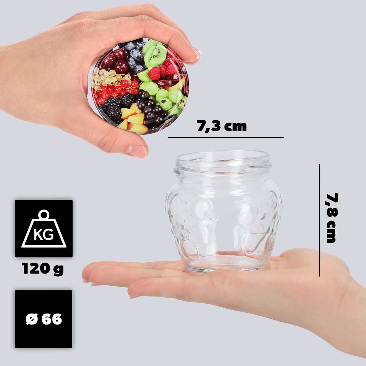 Słoiki Kemi 200ml 20szt 66mm + wieczka "Owoce"