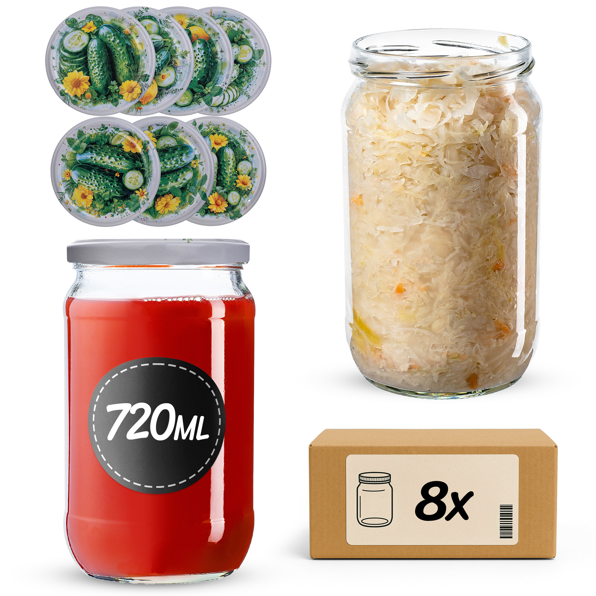 Słoiki na przetwory Niva 720ml fi82mm 8szt + wieczko Kompozycja ogórkowa