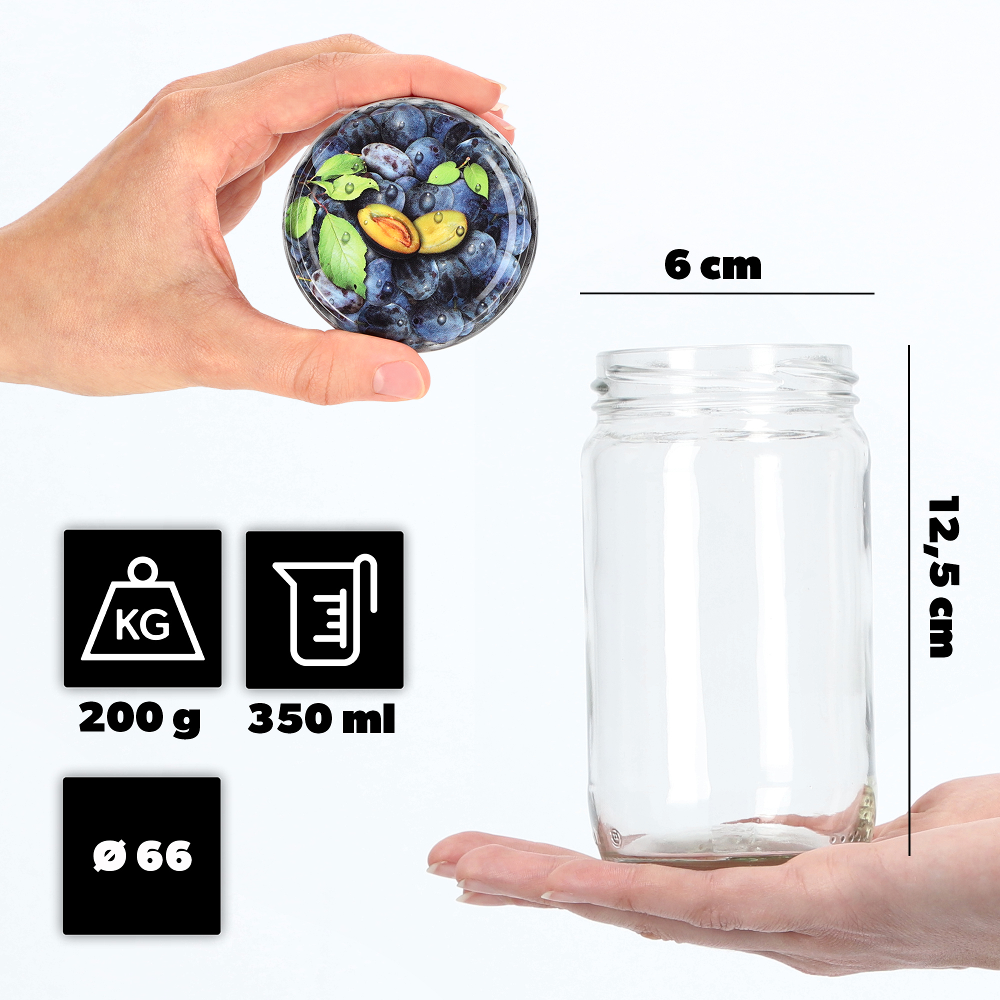 Słoiki na przetwory Gera 350ml fi66mm 20szt + wieczka "Śliwki"