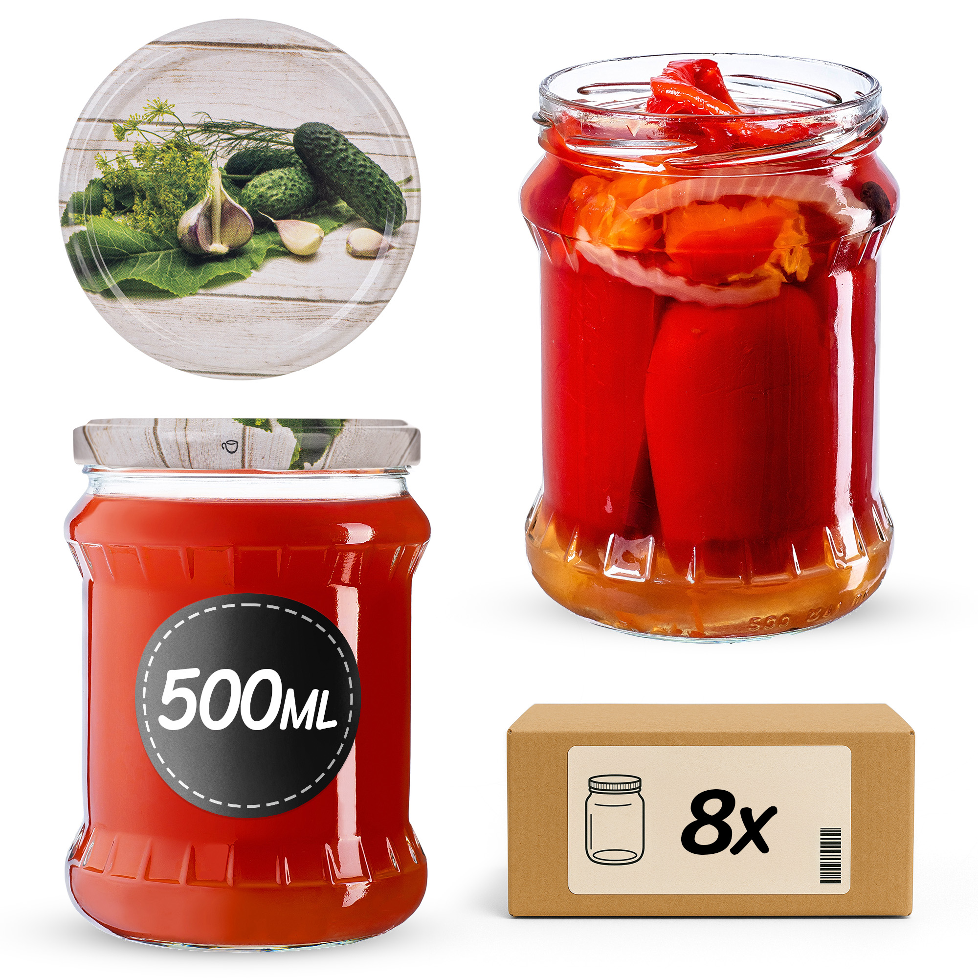 Słoiki na przetwory Kisko 500ml fi82mm 8szt + wieczko Ogórek