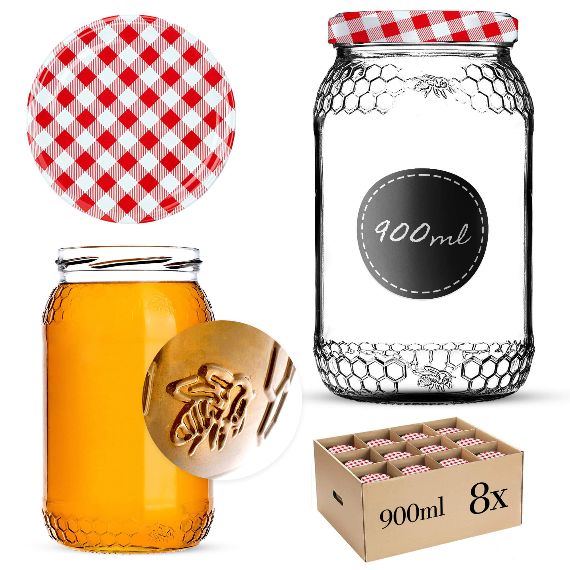 Szklany słój Lierde 900ml 82mm 8 szt. + wieczka "Czerwona krata"