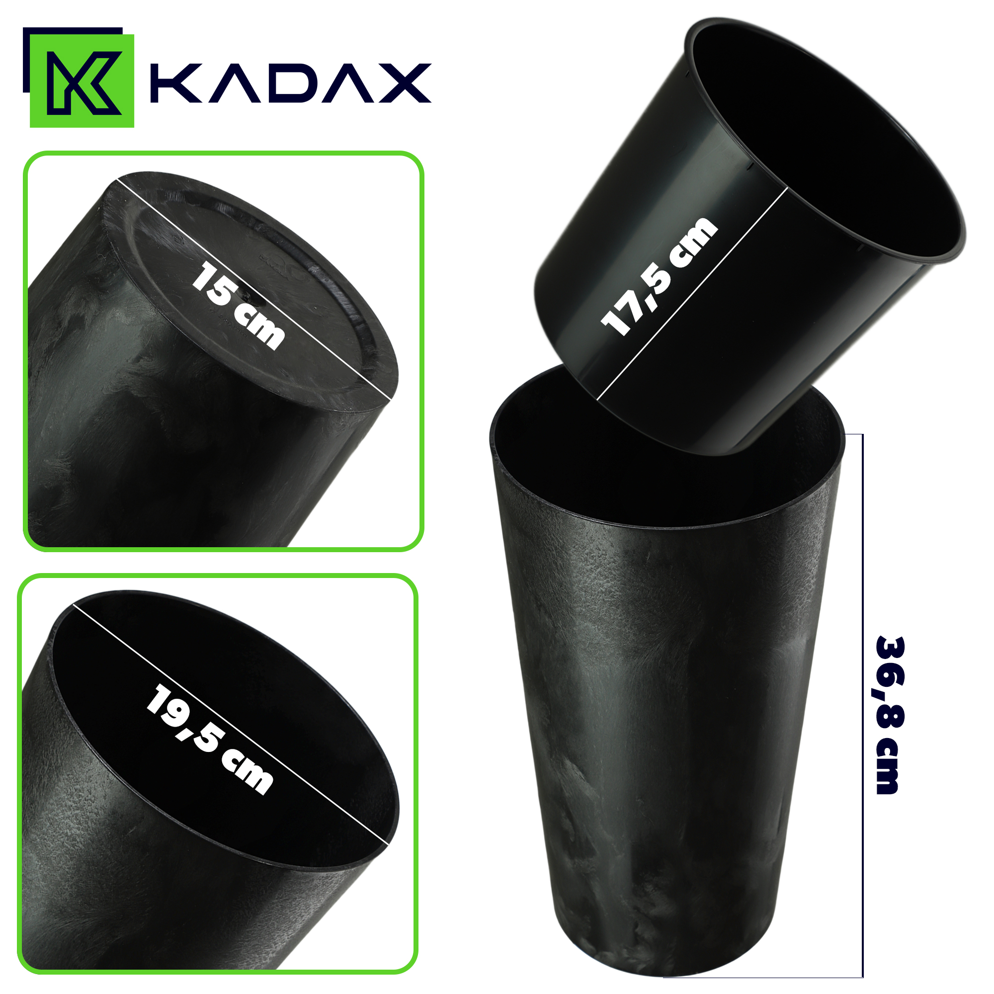 Donice na kwiaty Latina z wkładem czarny beton 19cm+25cm+30cm