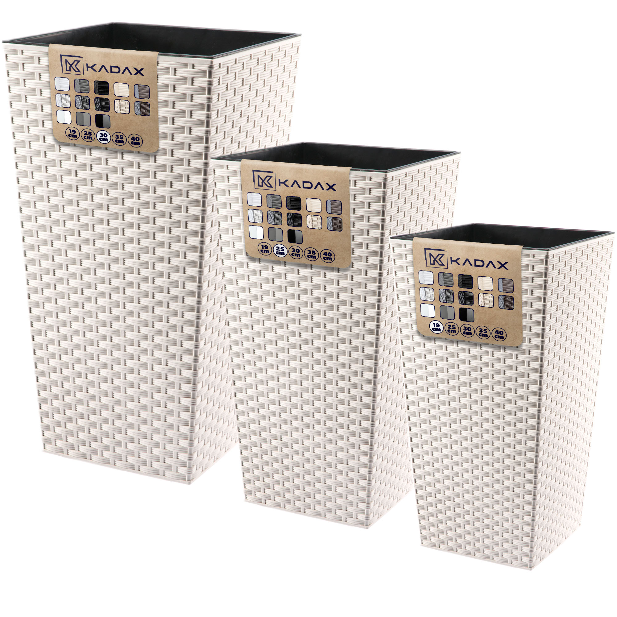 Donice na kwiaty z wkładem Pesaro rattan 19 cm + 25 cm + 30 cm, kremowe