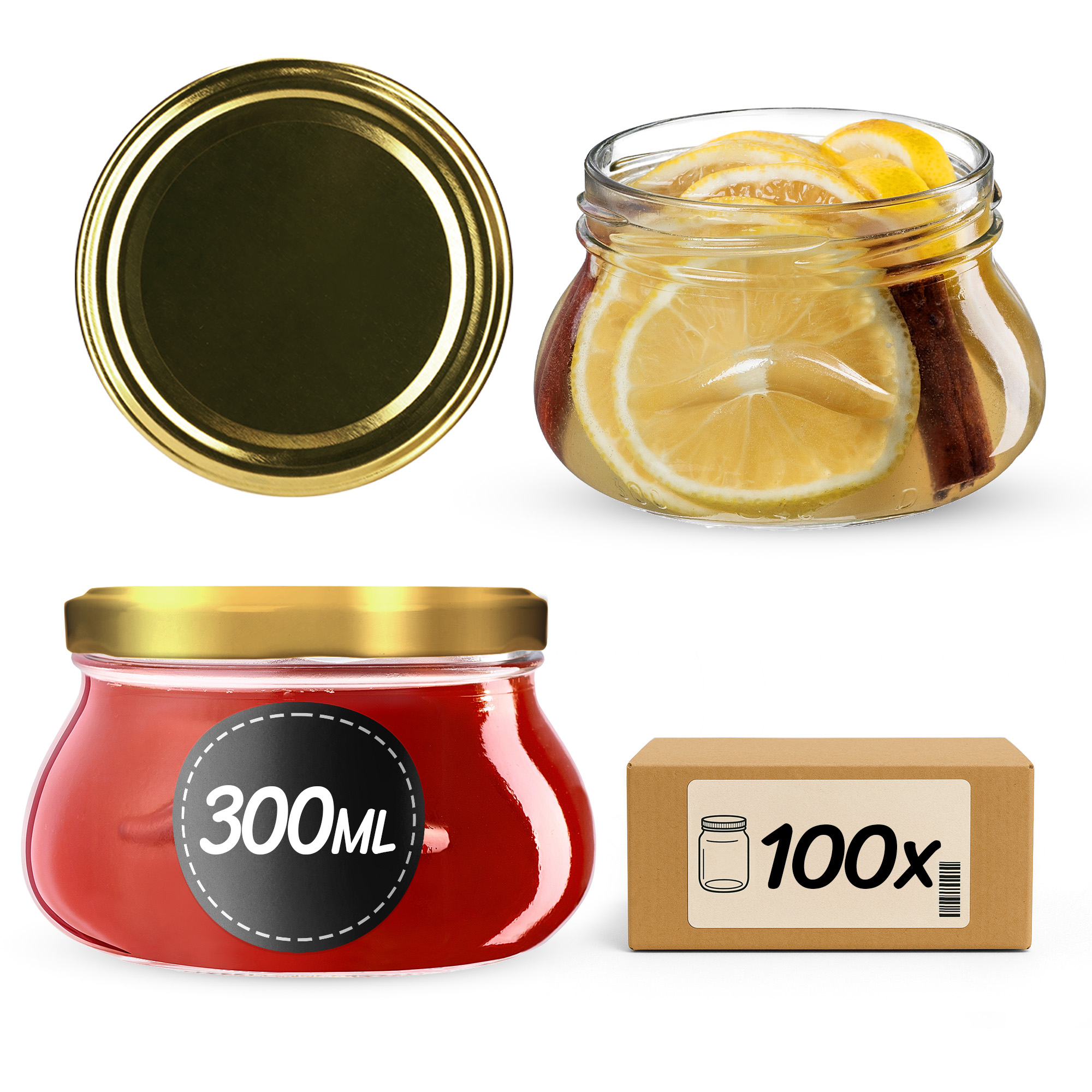 Słoiki na przetwory Raja 300ml 100szt 82mm + wieczka złote