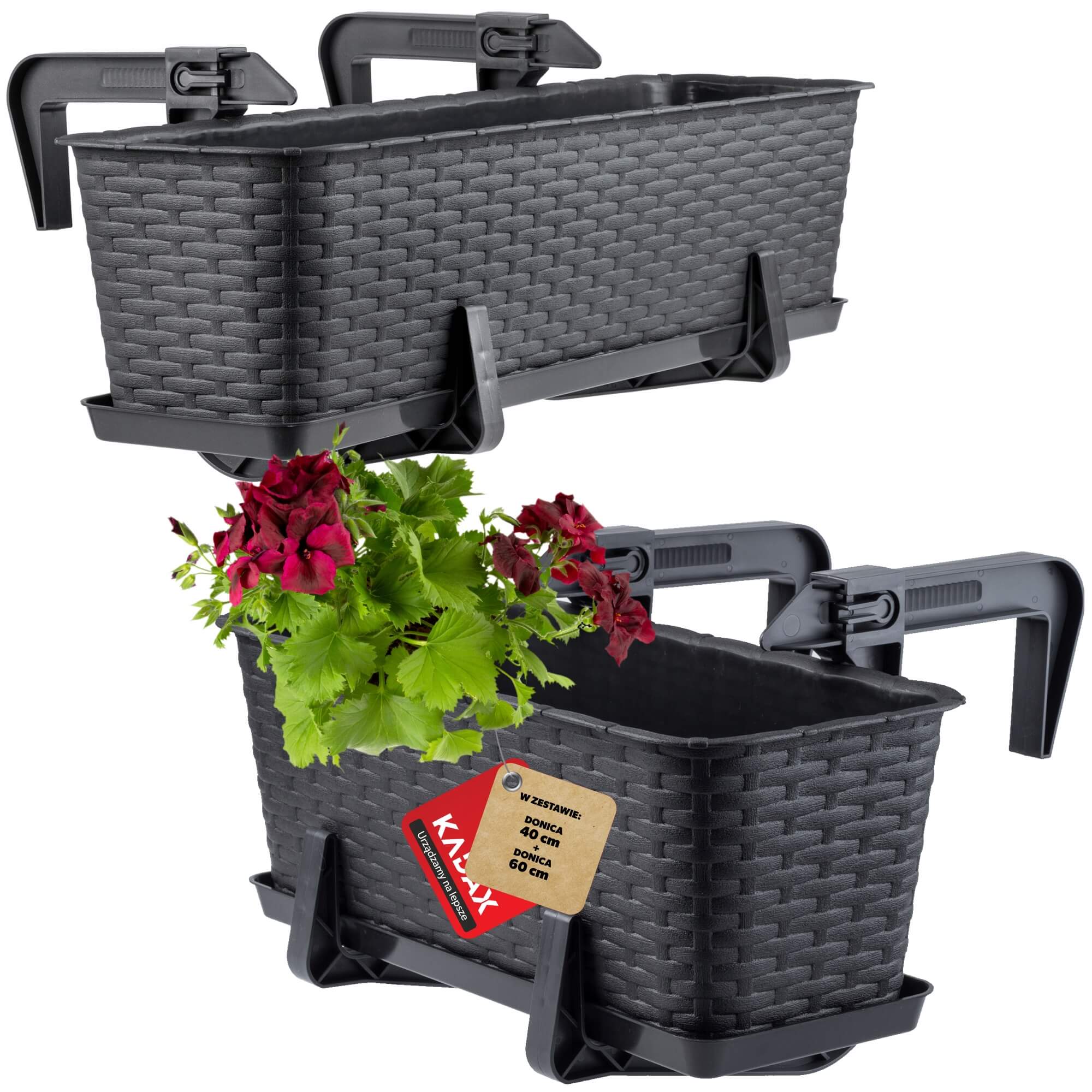 Doniczka balkonowa rattanowa z podstawką Frette 40 + 60 cm + uchwyty, antracyt