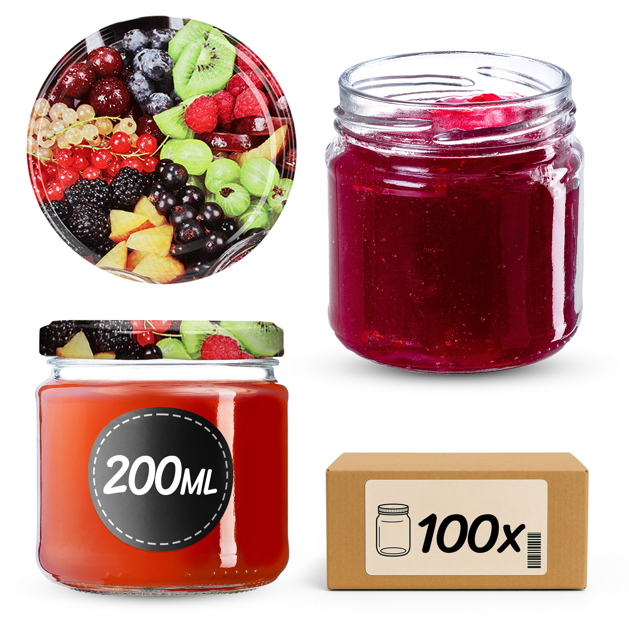 Słoiki na przetwory Lerma 200ml 100szt 66mm + wieczka "Owoce"