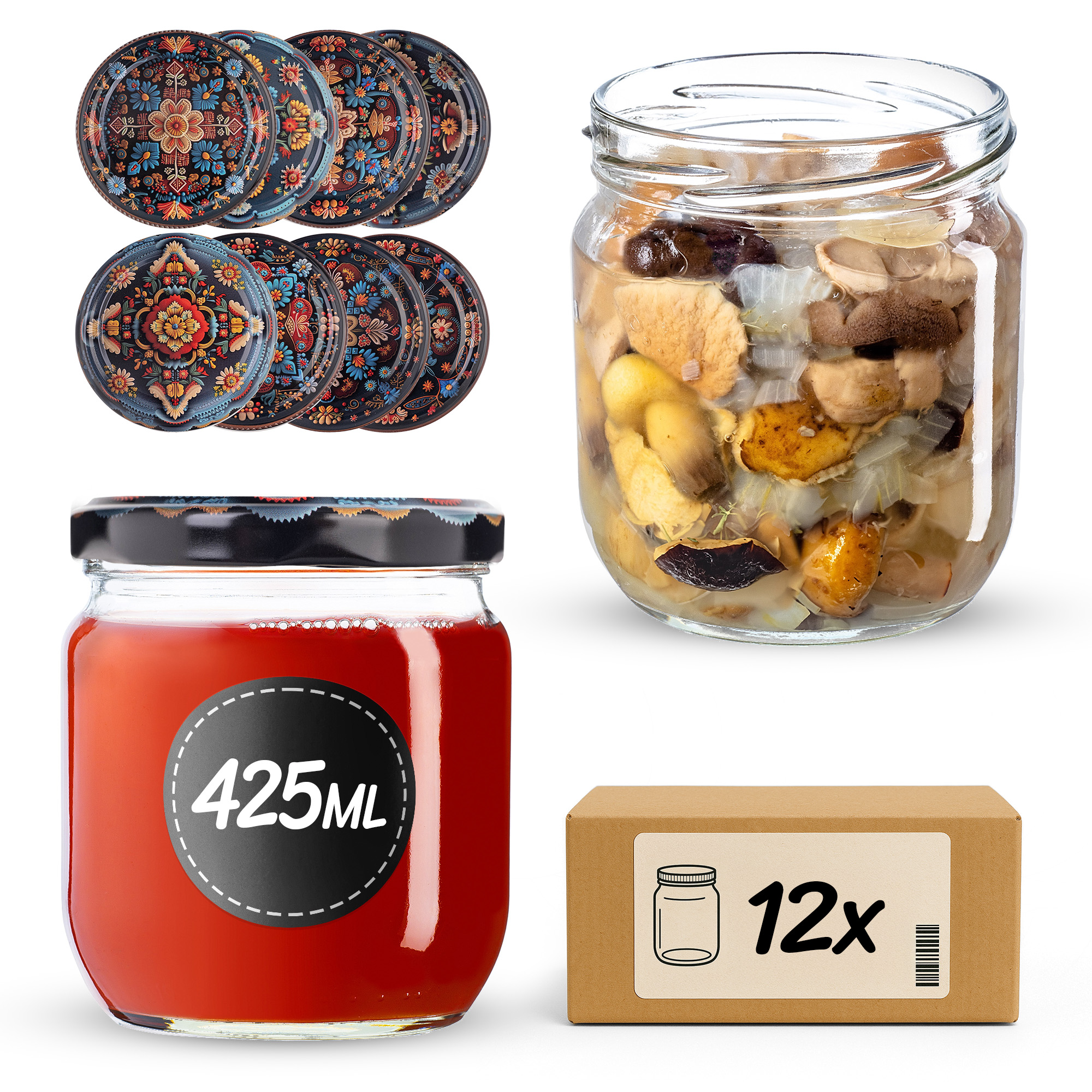 Słoiki na przetwory Salla 425ml fi82mm 12szt + wieczko Haftowanka