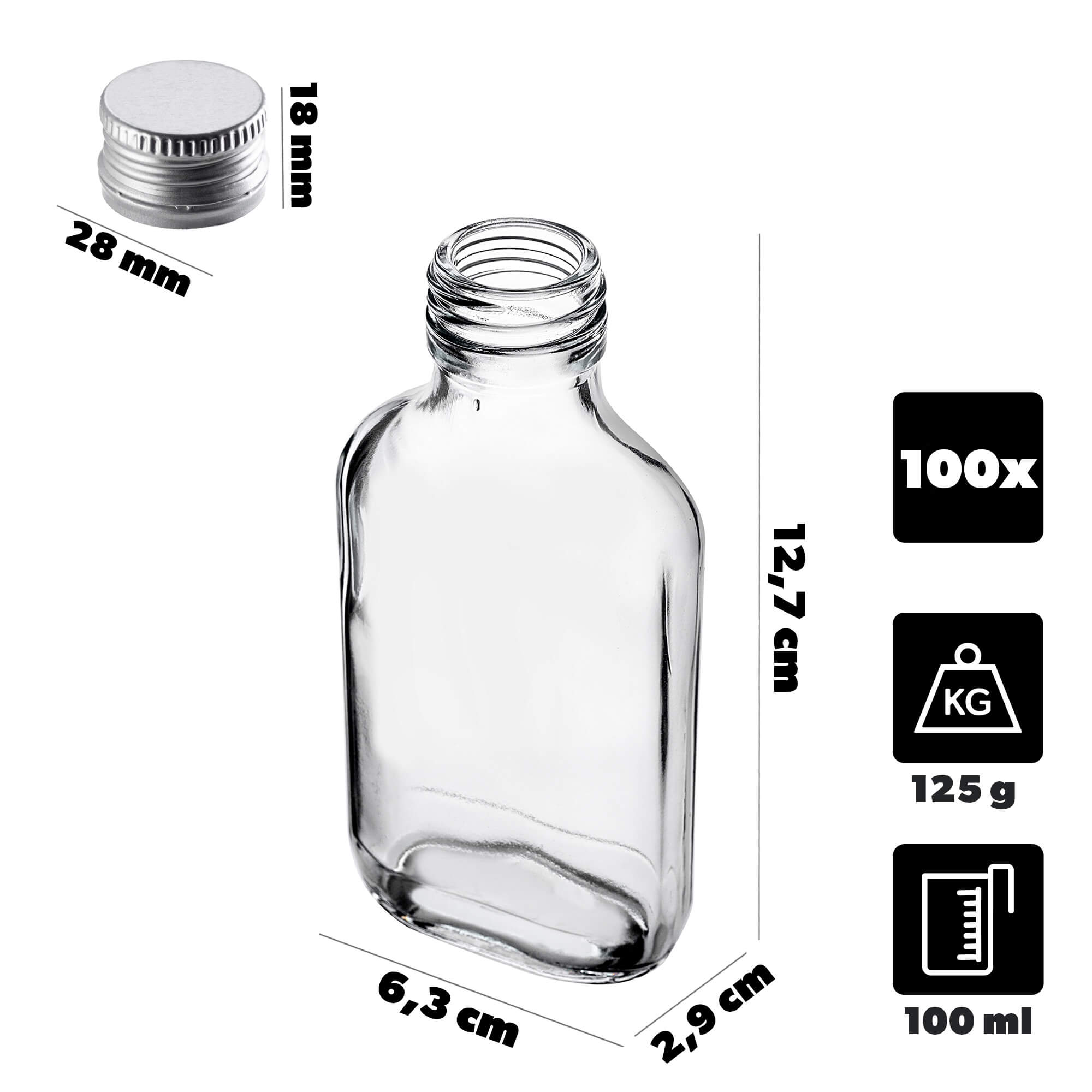 Butelka piersiówka Viane 100ml z srebrną zakrętką 100 szt.