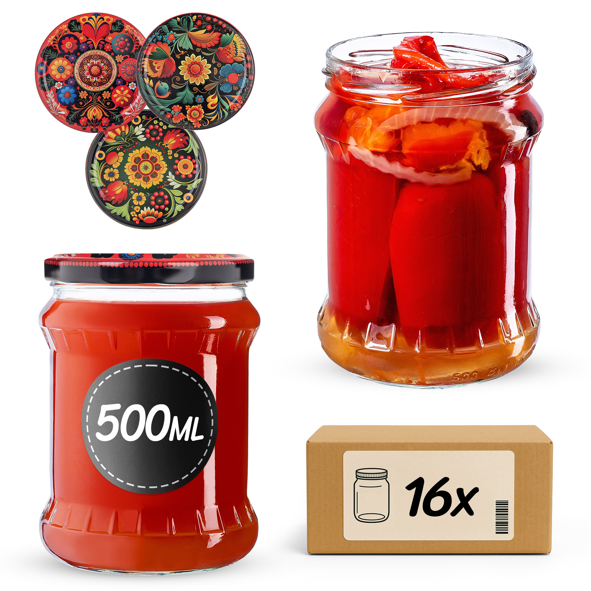 Słoiki na przetwory Kisko 500ml fi82mm 16szt + wieczko Haftowanka