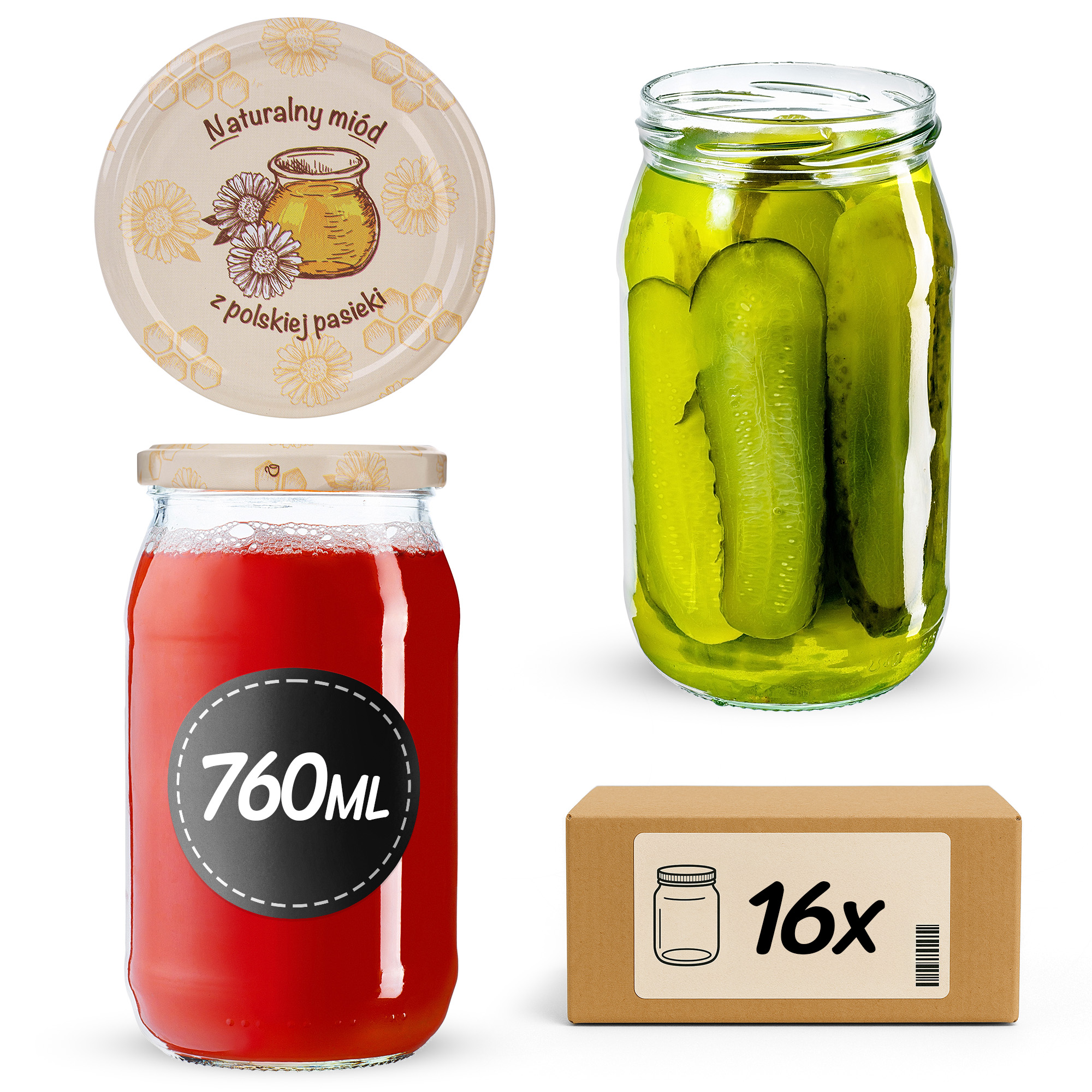 Słoiki na przetwory Niva 760ml fi82mm 16szt + wieczko Miód z pasieki
