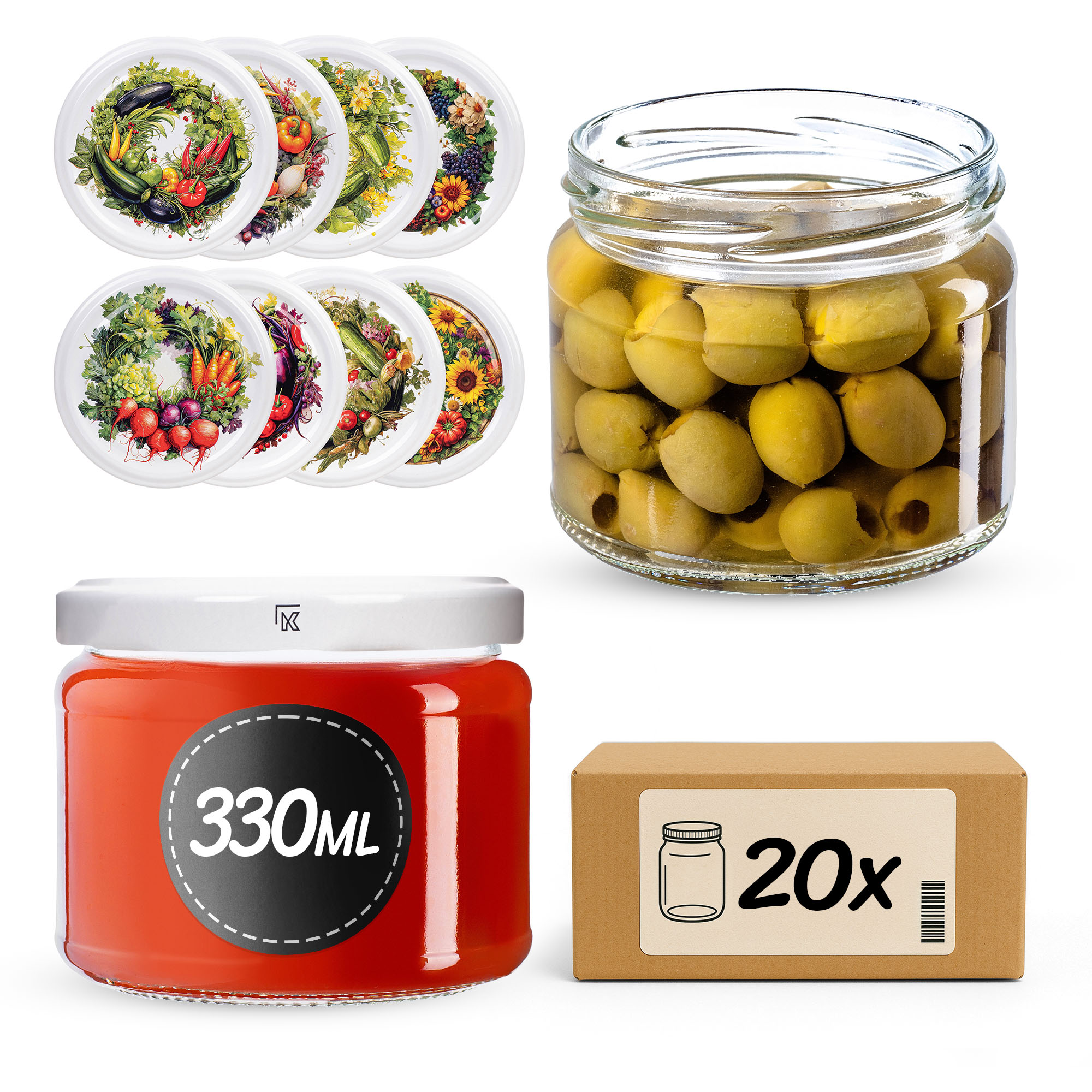 Słoiki na przetwory Sonka 330ml fi82mm 20szt + wieczko Garden wreath