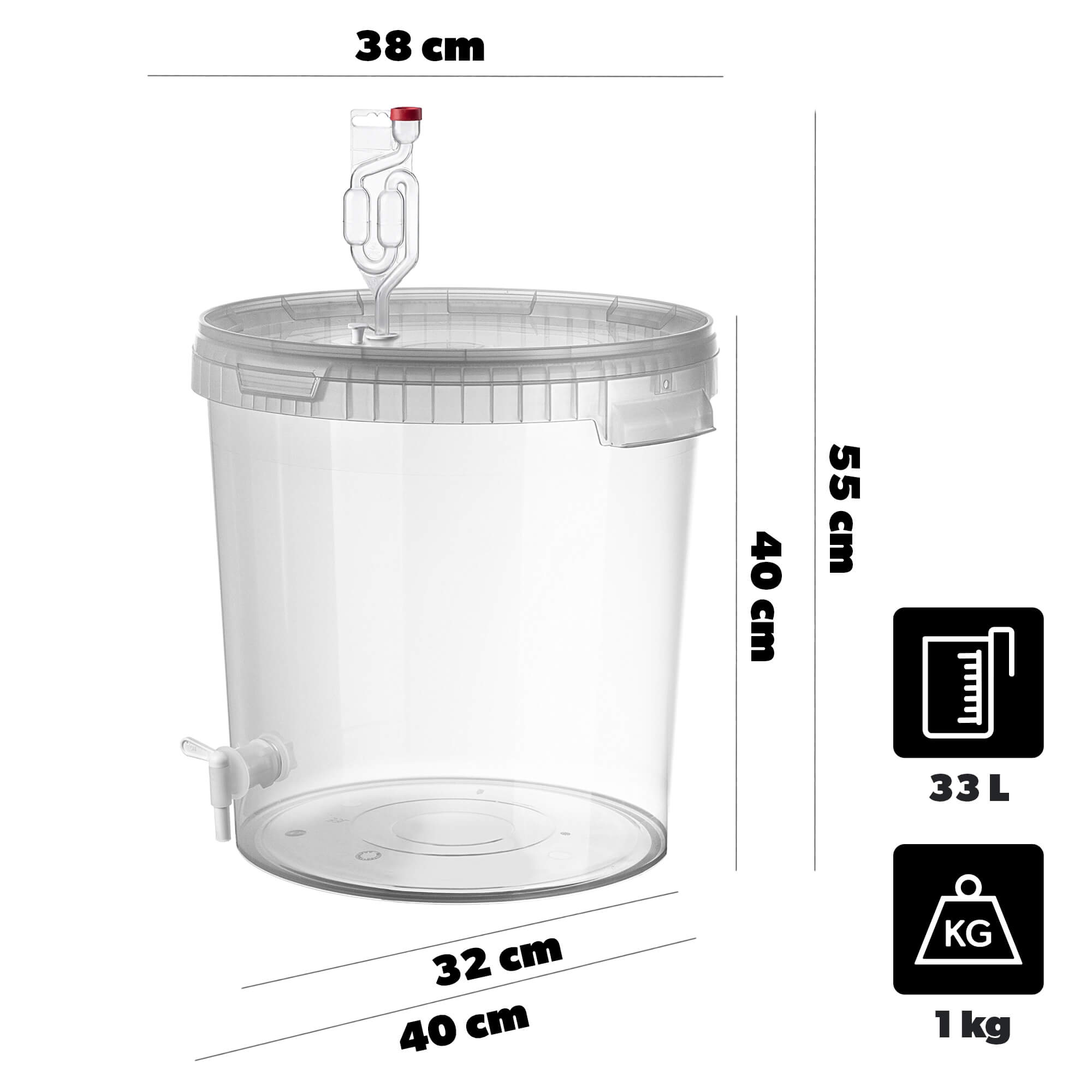 Pojemnik fermentacyjny Acerra z pokrywą 33L transparentny + kran + korek + rurka fermentacyjna