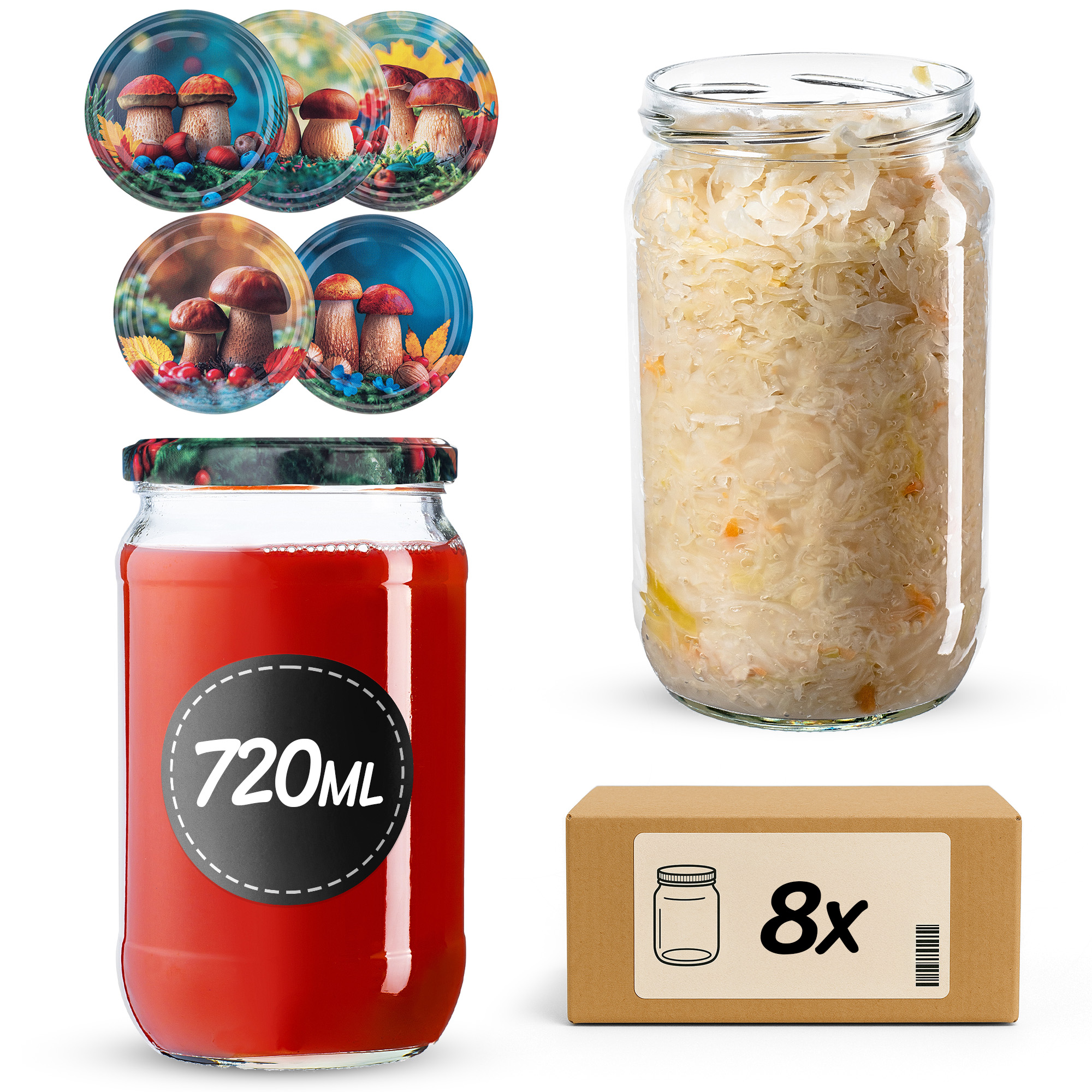 Słoiki na przetwory Niva 720ml fi82mm 8szt + wieczko Grzyb polski