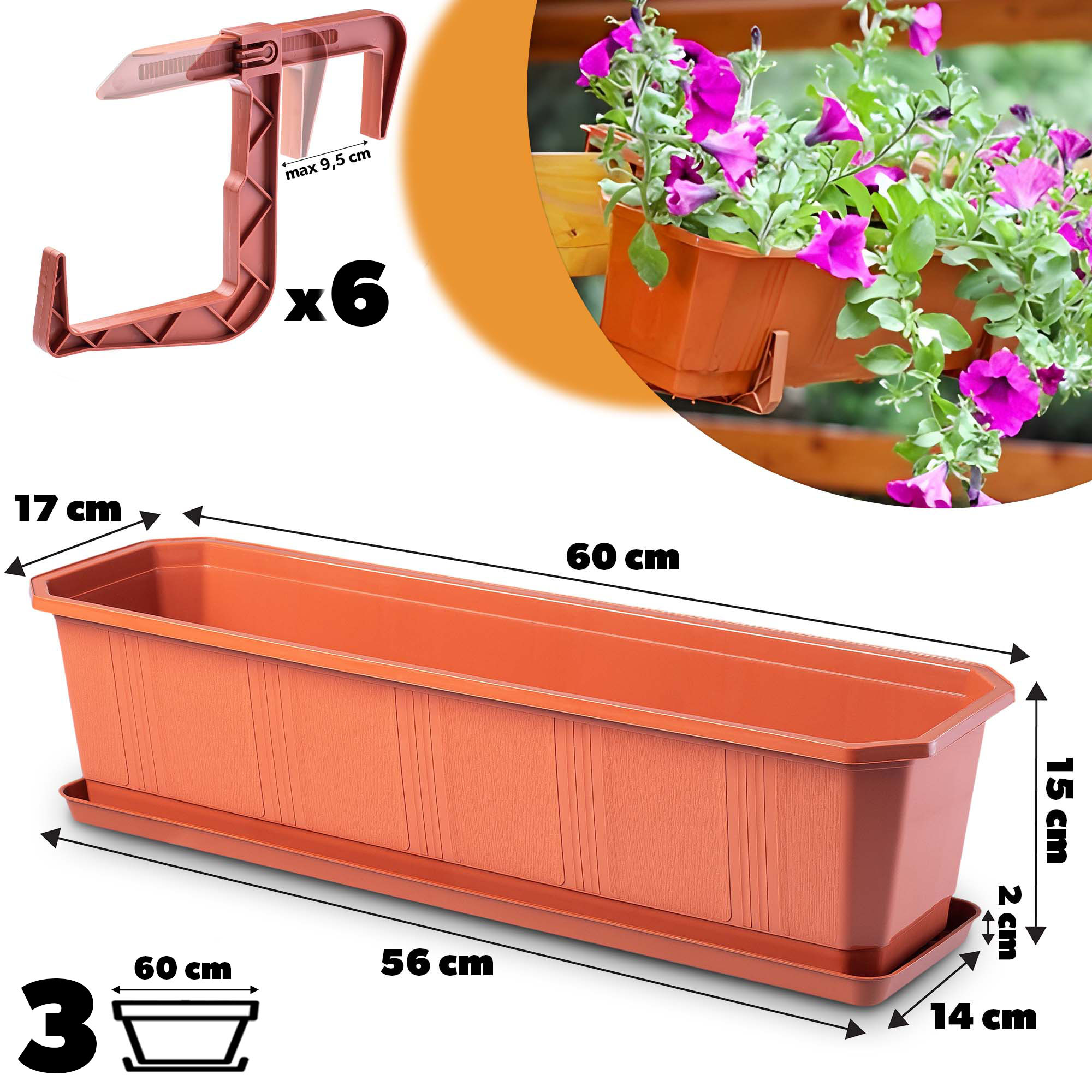 Doniczka balkonowa z uchwytami terakota Oste 60 cm, 3 szt.
