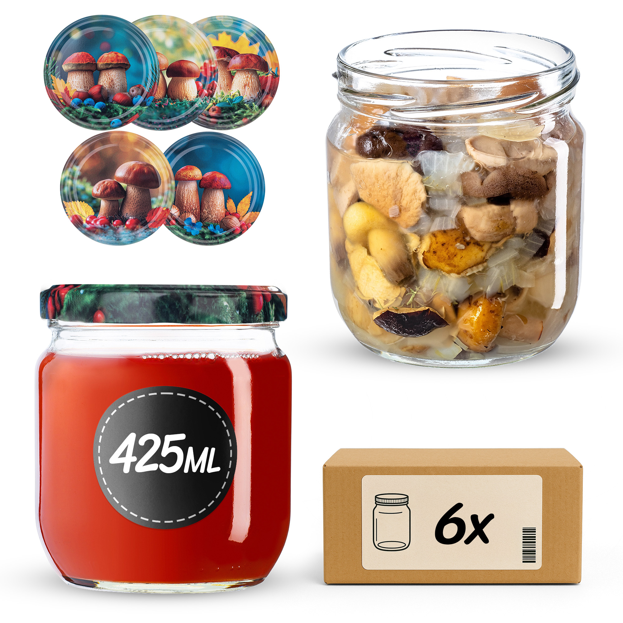 Słoiki na przetwory Salla 425ml fi82mm 6szt + wieczko Grzyb polski