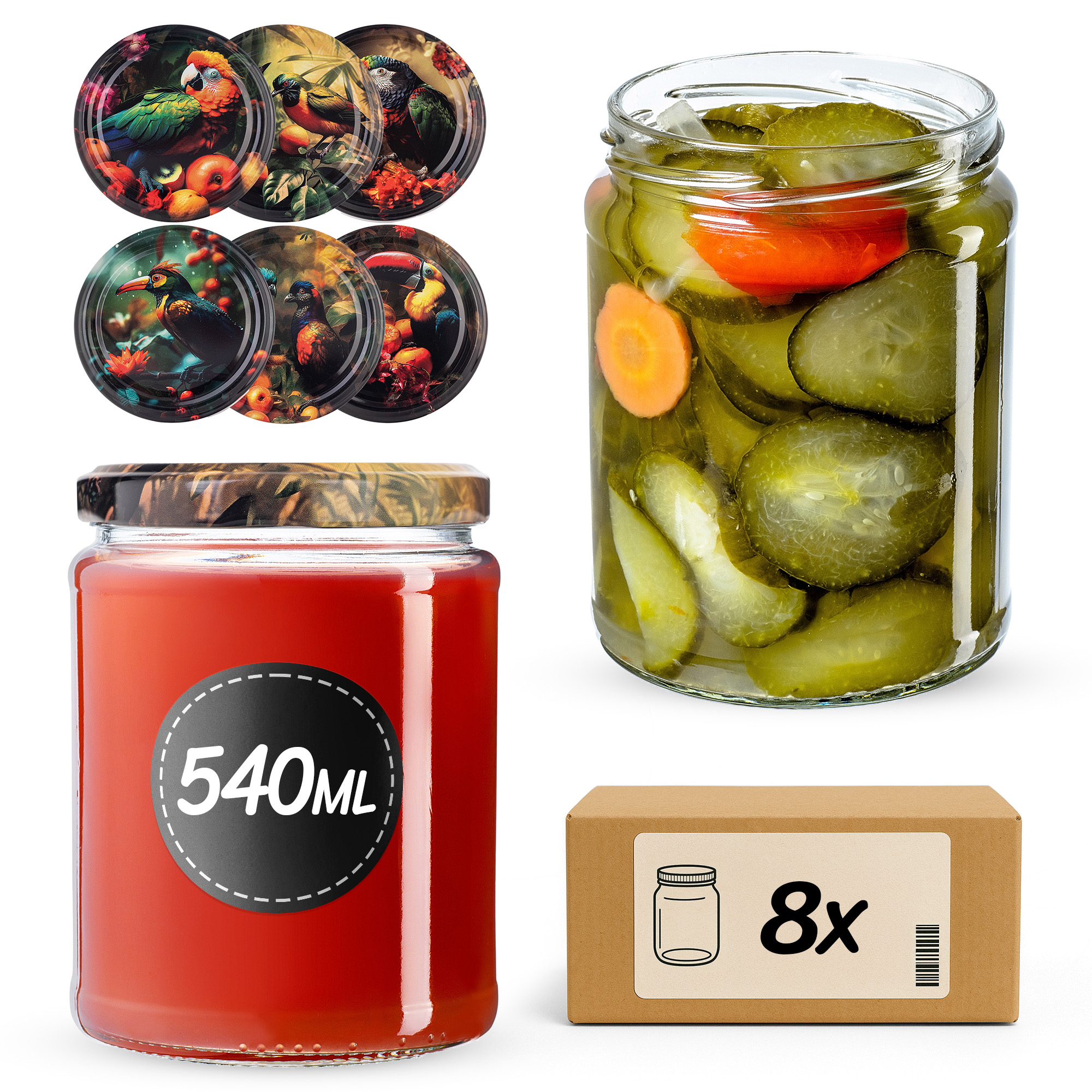 Słoiki na przetwory Maki 540ml fi82mm 8szt + wieczko Ptaki
