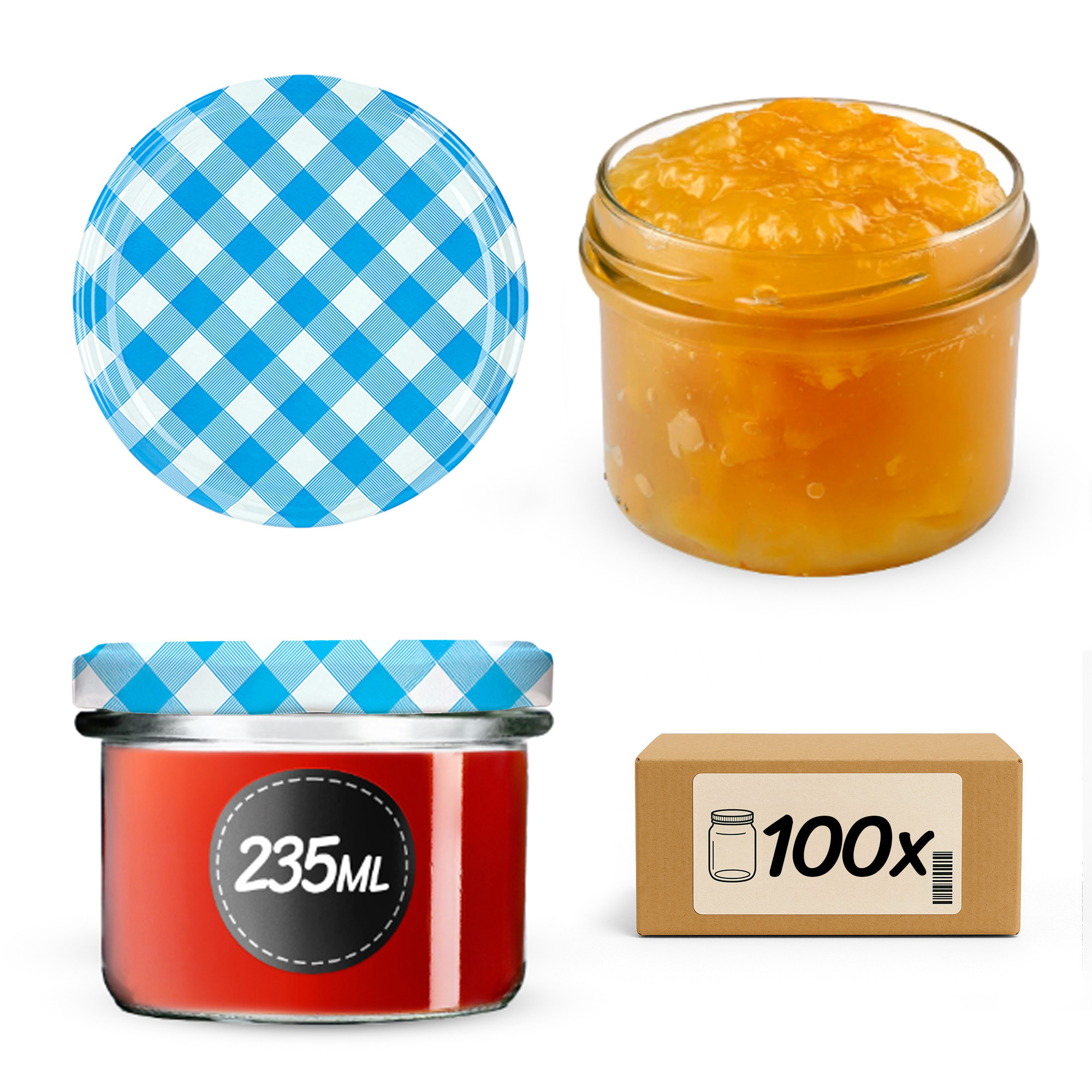 Słoiki na przetwory Tartu 235ml 100szt 82mm + wieczka "Niebieska krata"