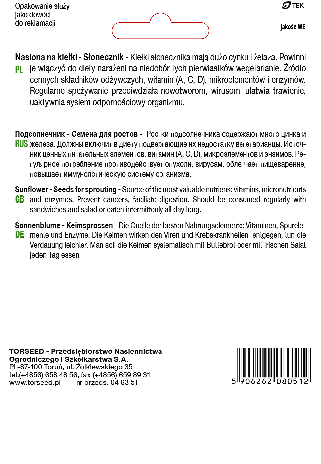 Nasiona na kiełki Słonecznik ogrodowy 20g
