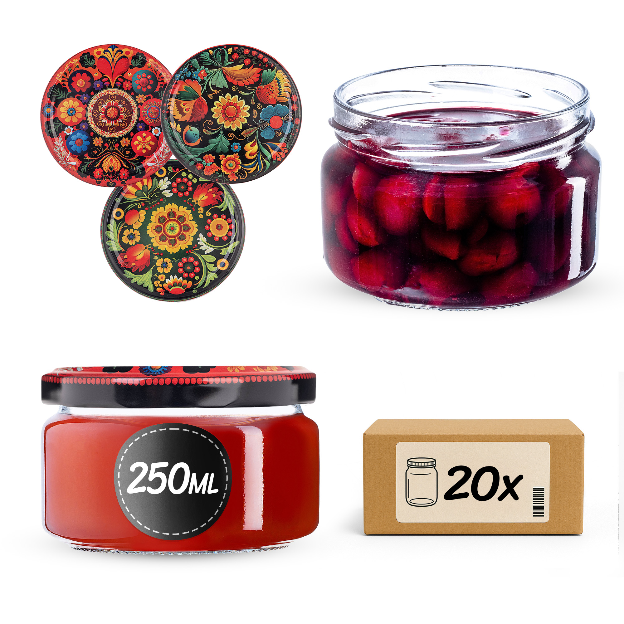 Słoiki na przetwory Denia 250ml 20szt 82mm + wieczko "Haftowanka"