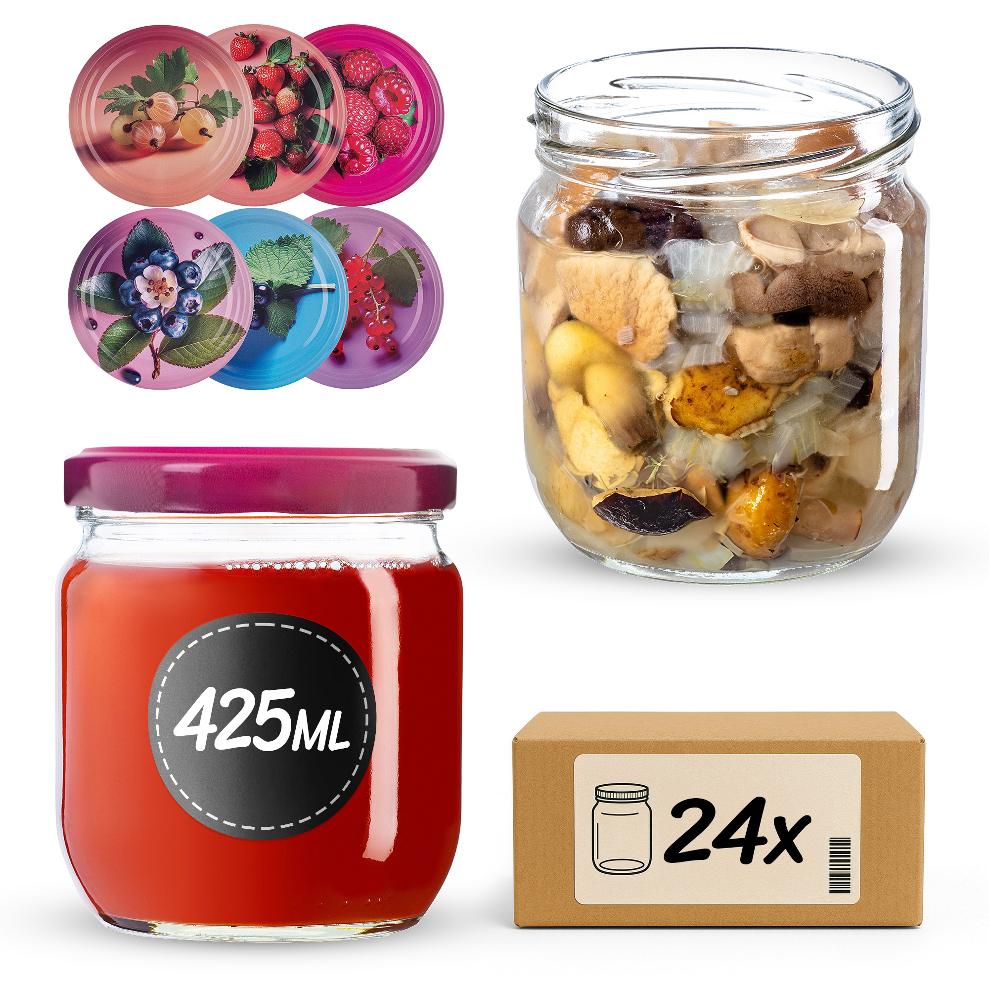 Słoiki na przetwory Salla 425ml fi82mm 24szt + wieczko Jagodowy mix