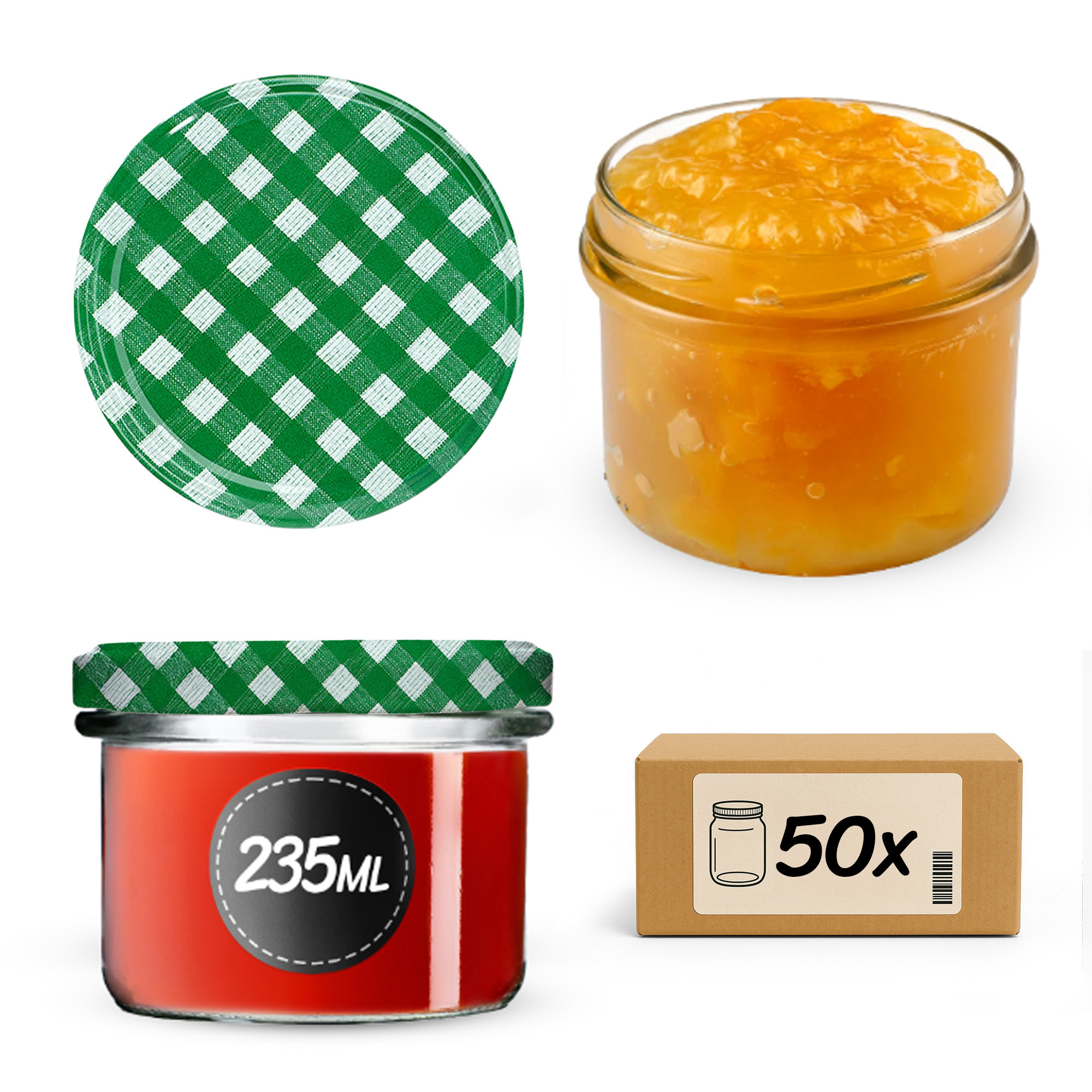 Słoiki na przetwory Tartu 235ml 50szt 82mm + wieczka "Zielona krata"