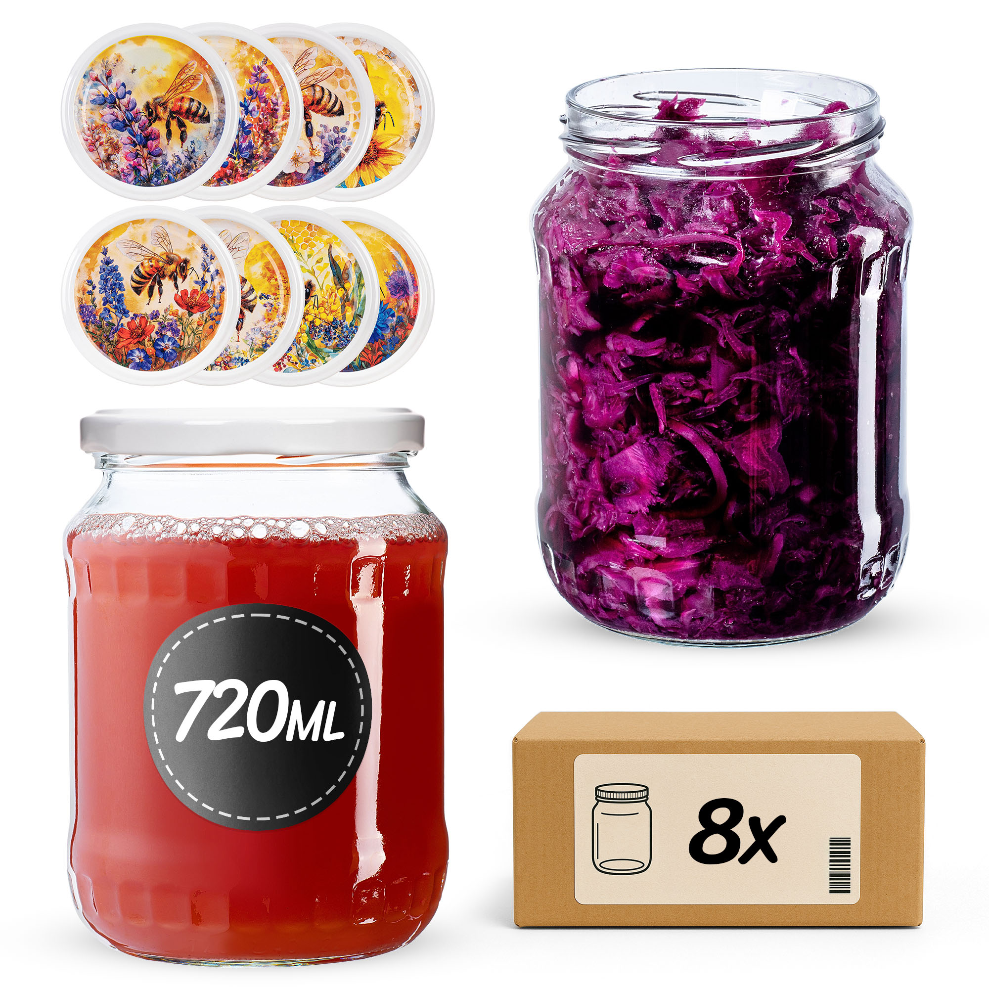 Słoiki na przetwory Jukka 720ml fi82mm 8szt + wieczko Bee of the field