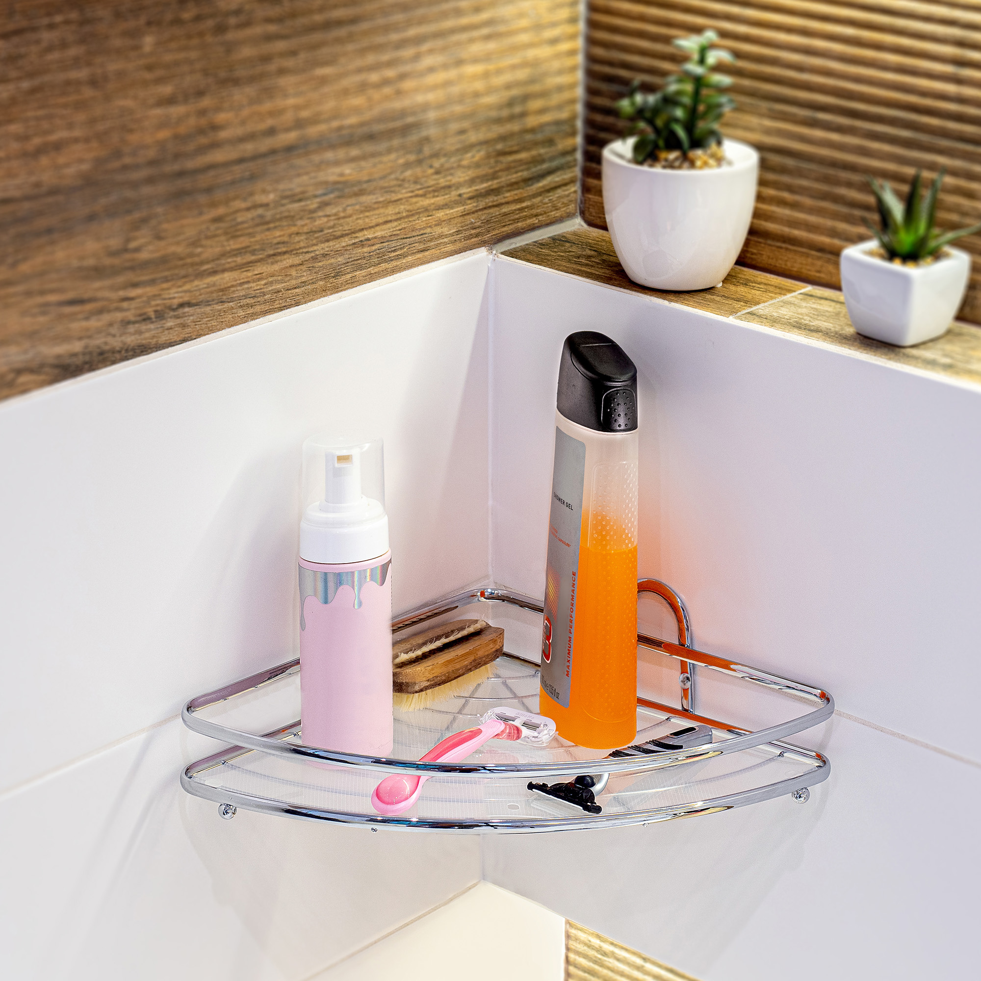 Półka łazienkowa narożna Kobuk 1-poziomowa srebrna