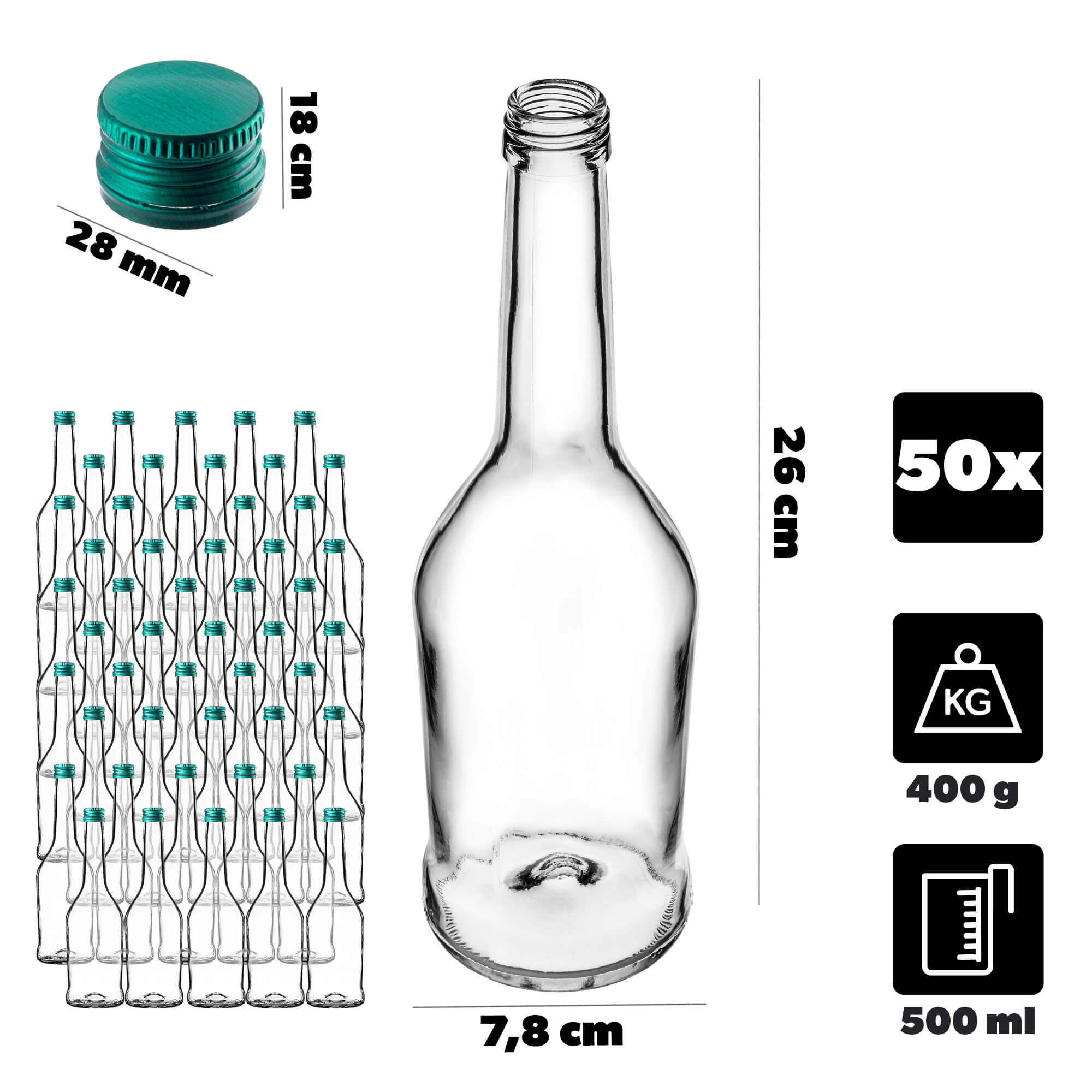 Szklana butelka na nalewkę Loiret 500ml z zieloną zakrętką 50 szt.