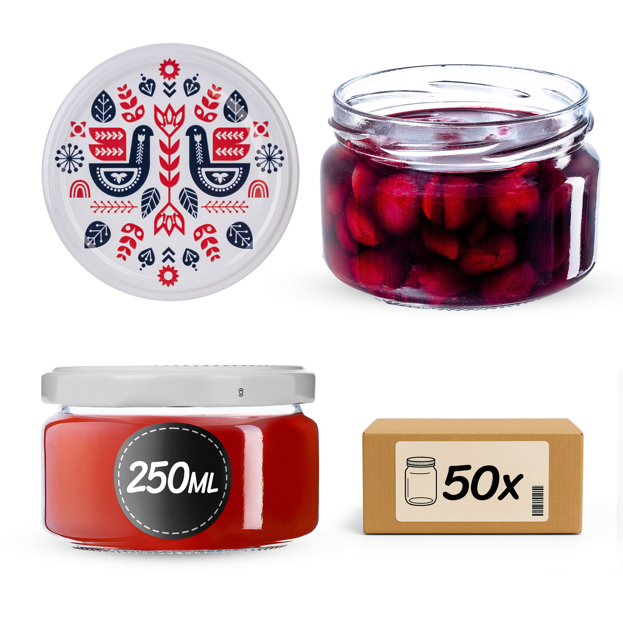 Słoiki na przetwory Denia 250ml 50szt 82mm + wieczko "Kurpie"