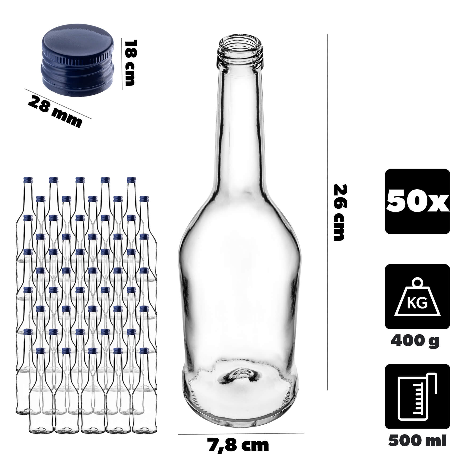 Szklana butelka na nalewkę Loiret 500ml z granatową zakrętką 50 szt.
