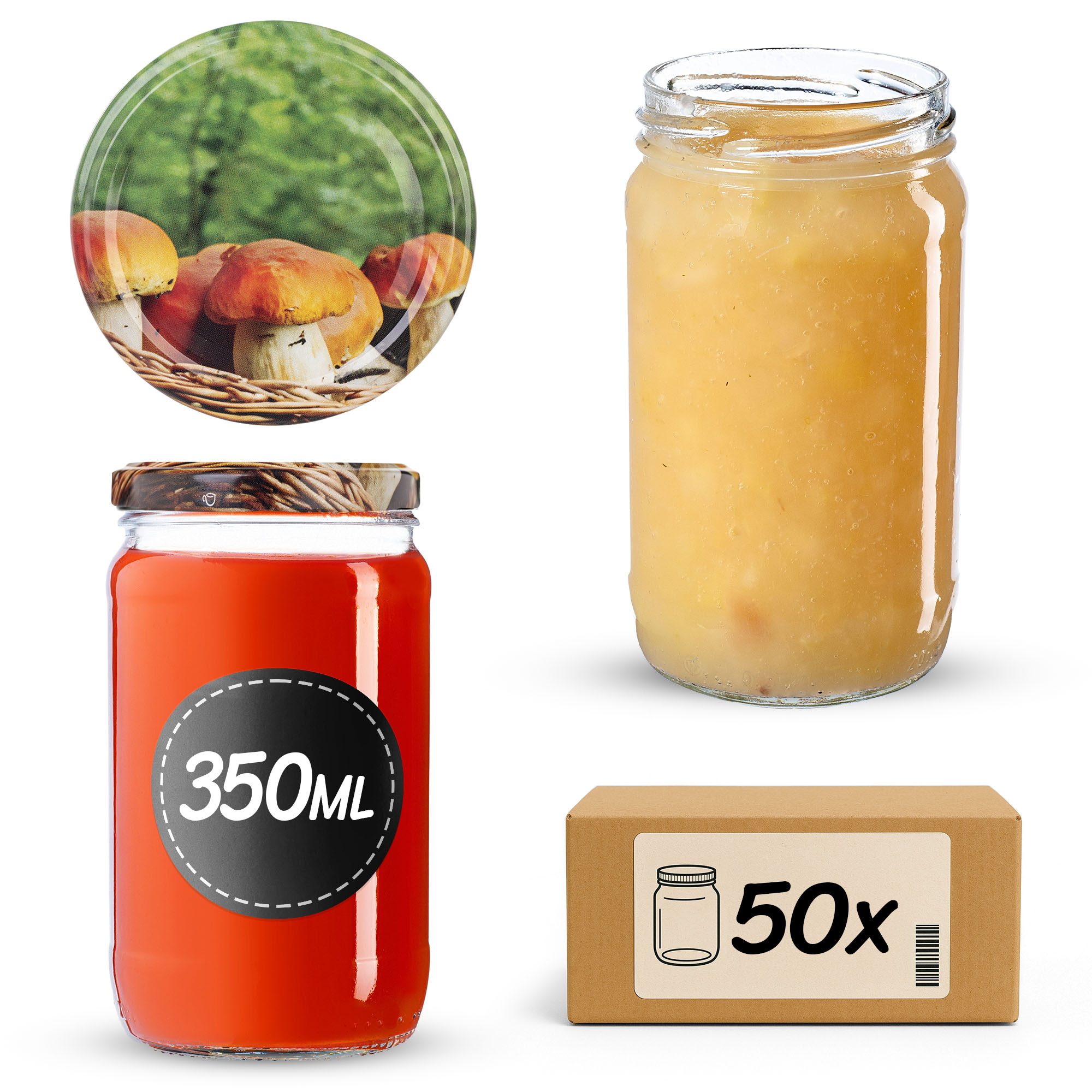 Słoiki na przetwory Gera 350ml fi66mm 50szt + wieczko Grzyby kosz