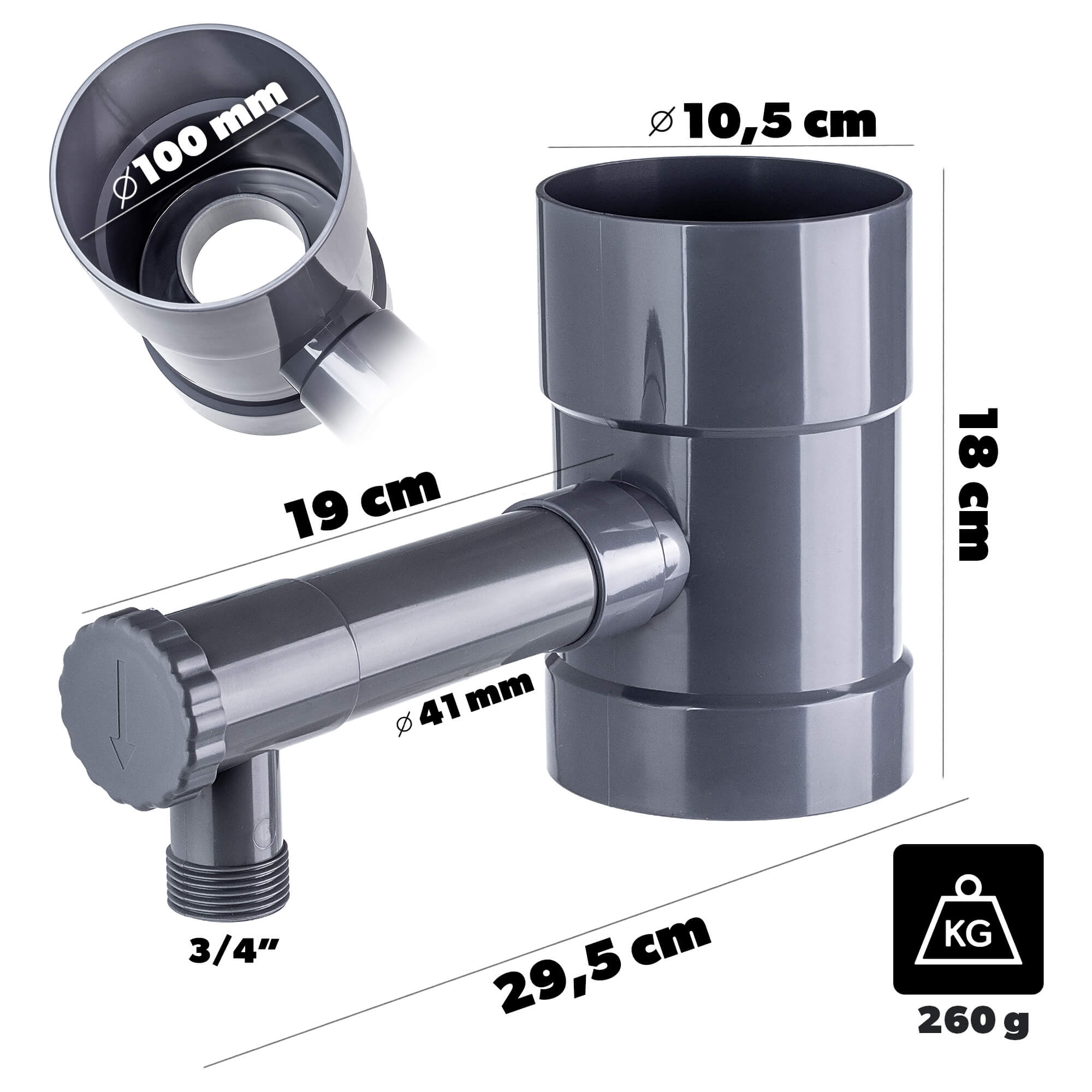 Zbieracz wody deszczowej Nancras z zaworem, 100 mm, szary