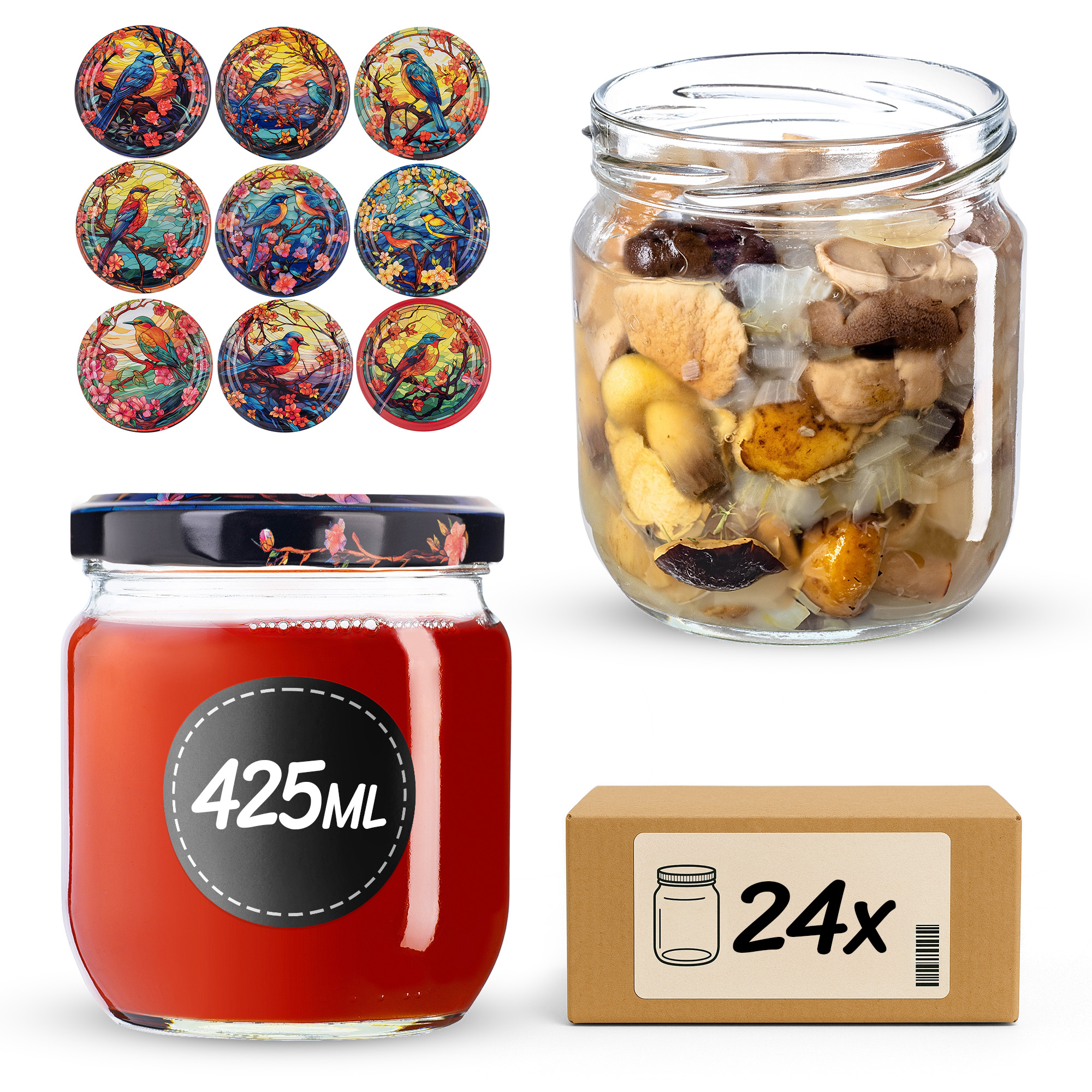 Słoiki na przetwory Salla 425ml fi82mm 24szt + wieczko Ptaki
