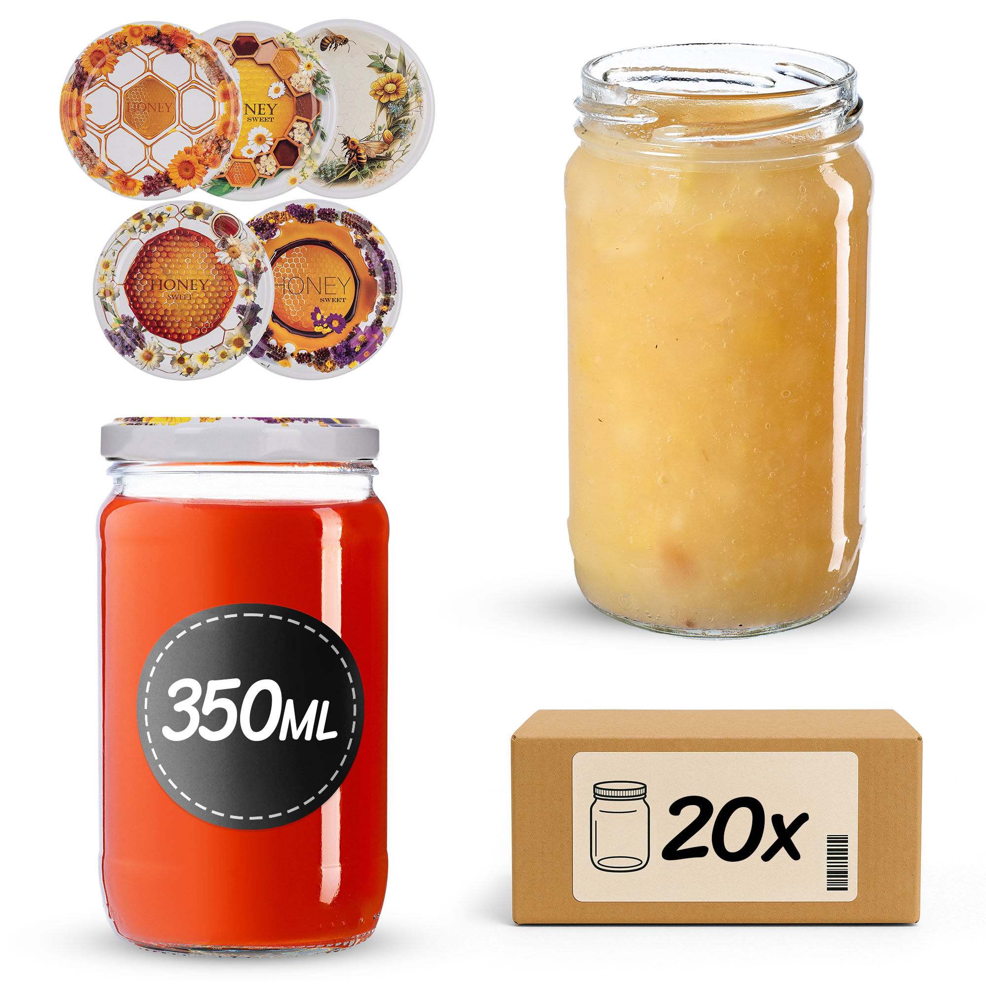 Słoiki na przetwory Gera 350ml fi66mm 20szt + wieczko Miodowy mix