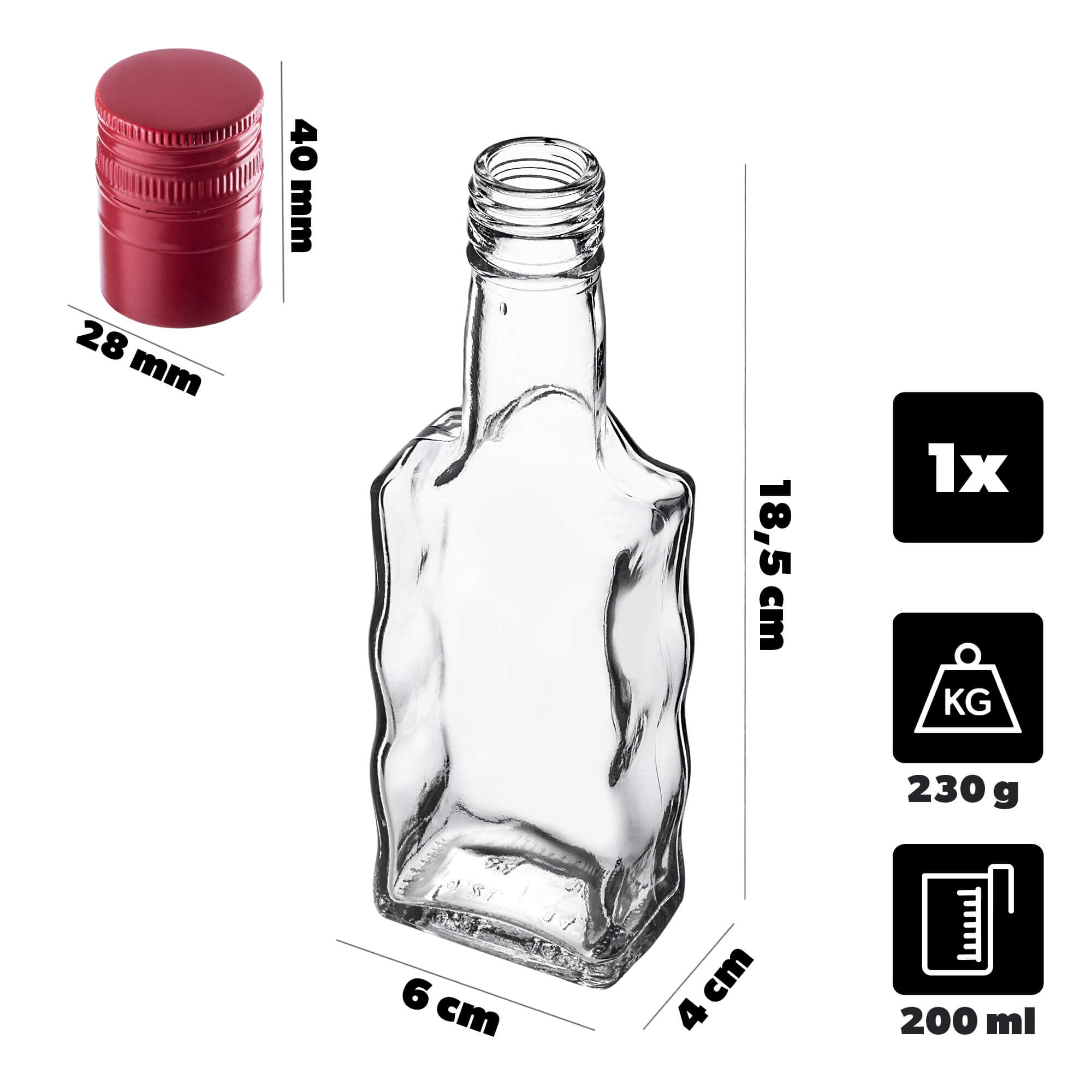 Szklana butelka na nalewkę Fala 200ml z długą czerwoną zakrętką 1 szt.