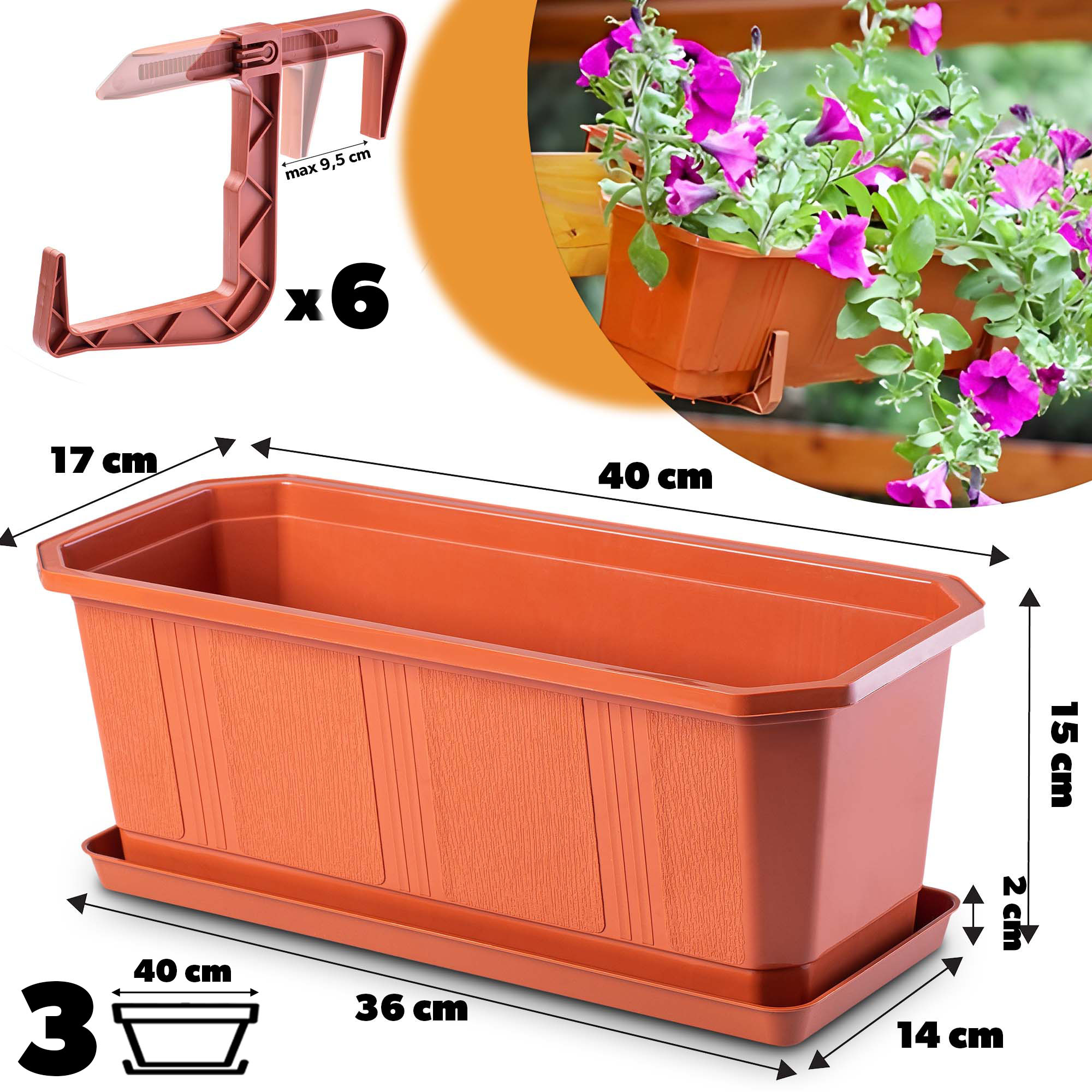 Doniczka balkonowa z uchwytami terakota Oste 40 cm, 3 szt.