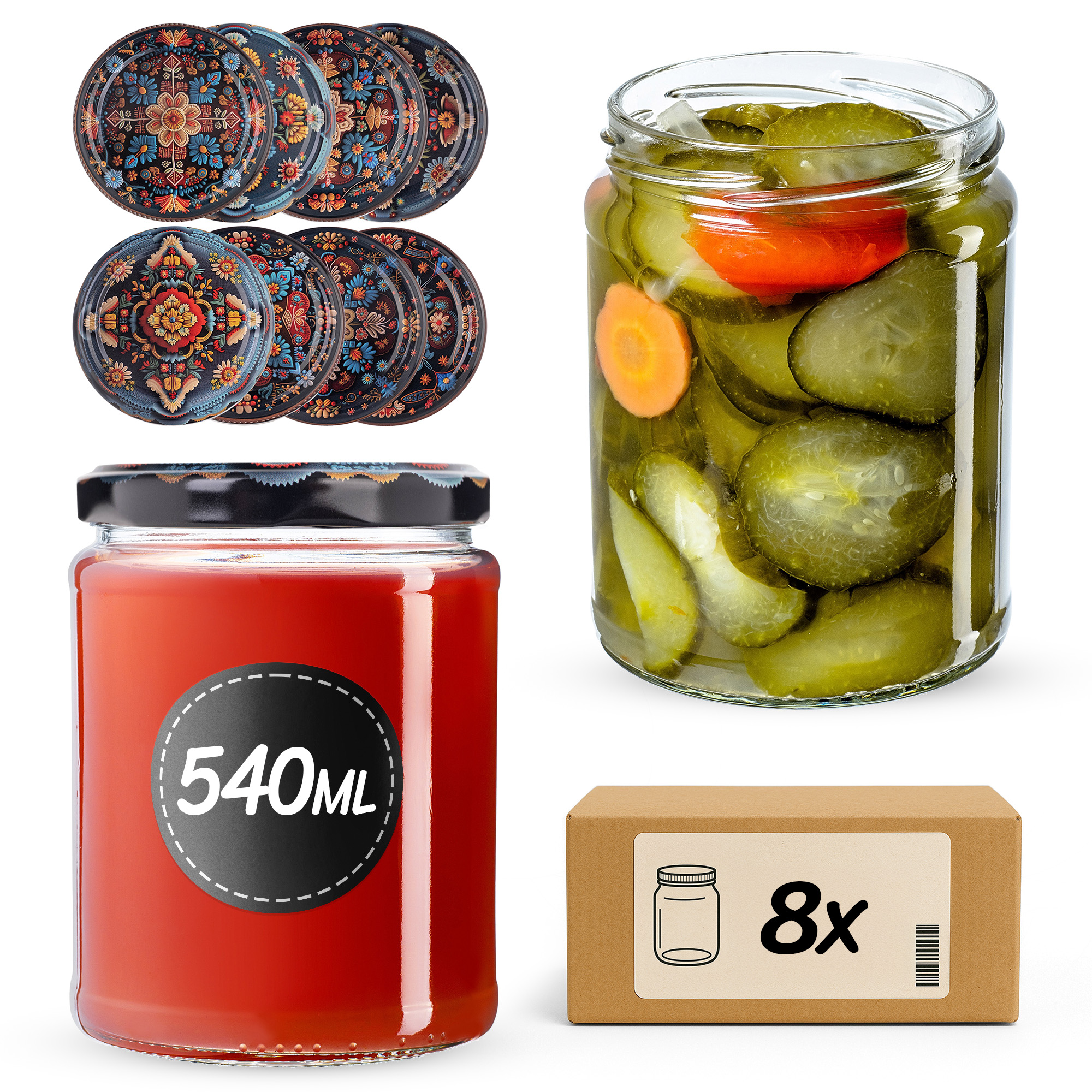 Słoiki na przetwory Maki 540ml fi82mm 8szt + wieczko Haftowanka