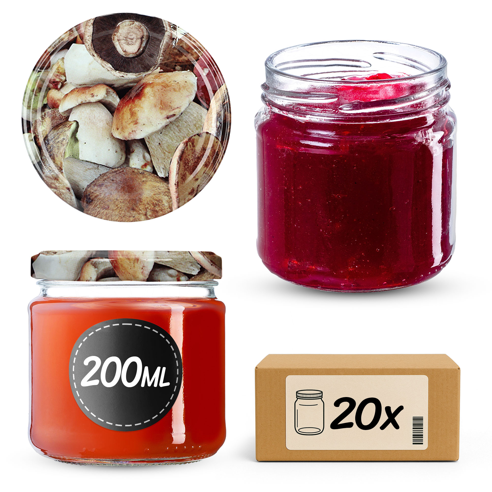 Słoiki na przetwory Lerma 200ml 20szt 66mm + wieczka "Grzyby"