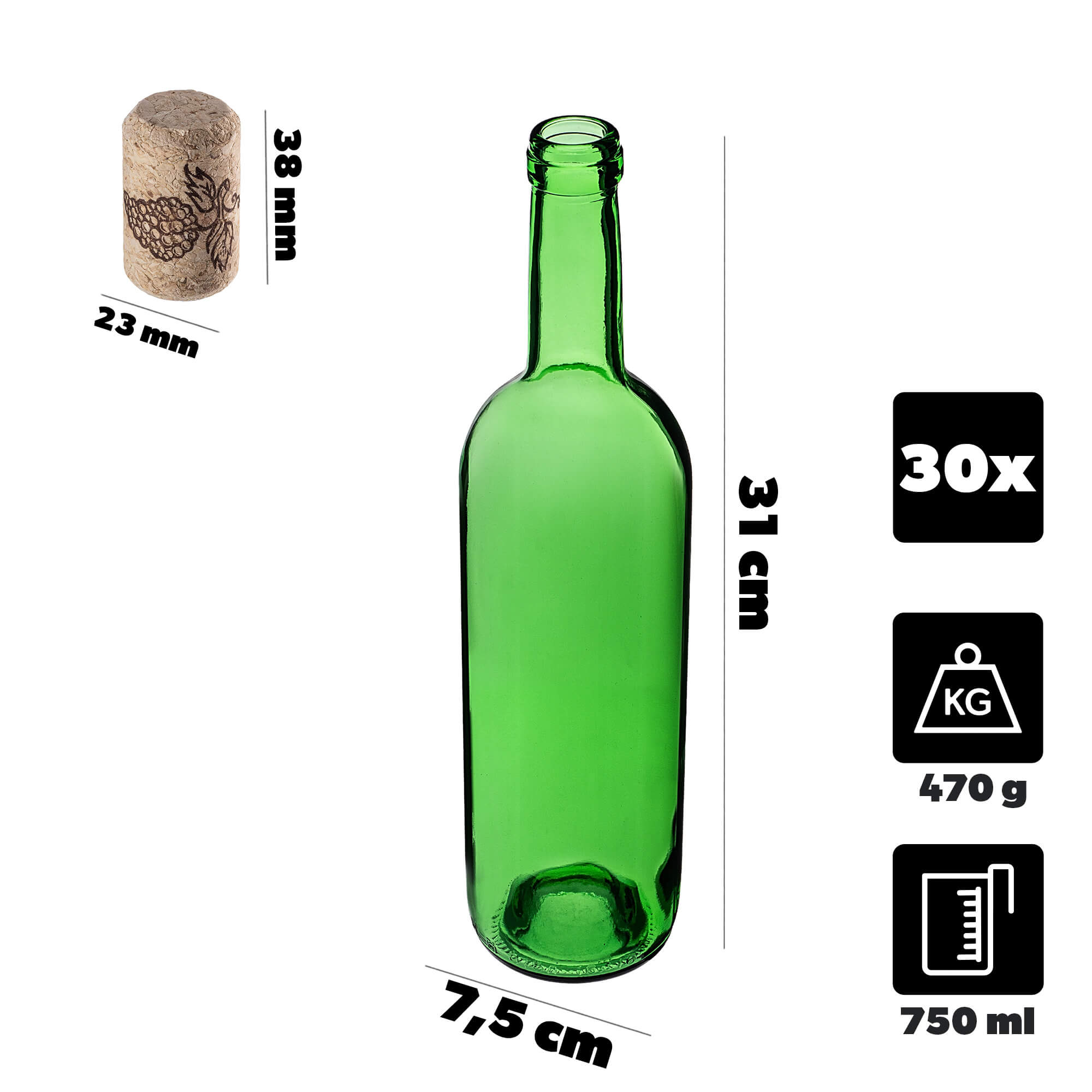 Butelka na wino Biagio 750ml zielona z korkiem aglomerowanym 30 szt.