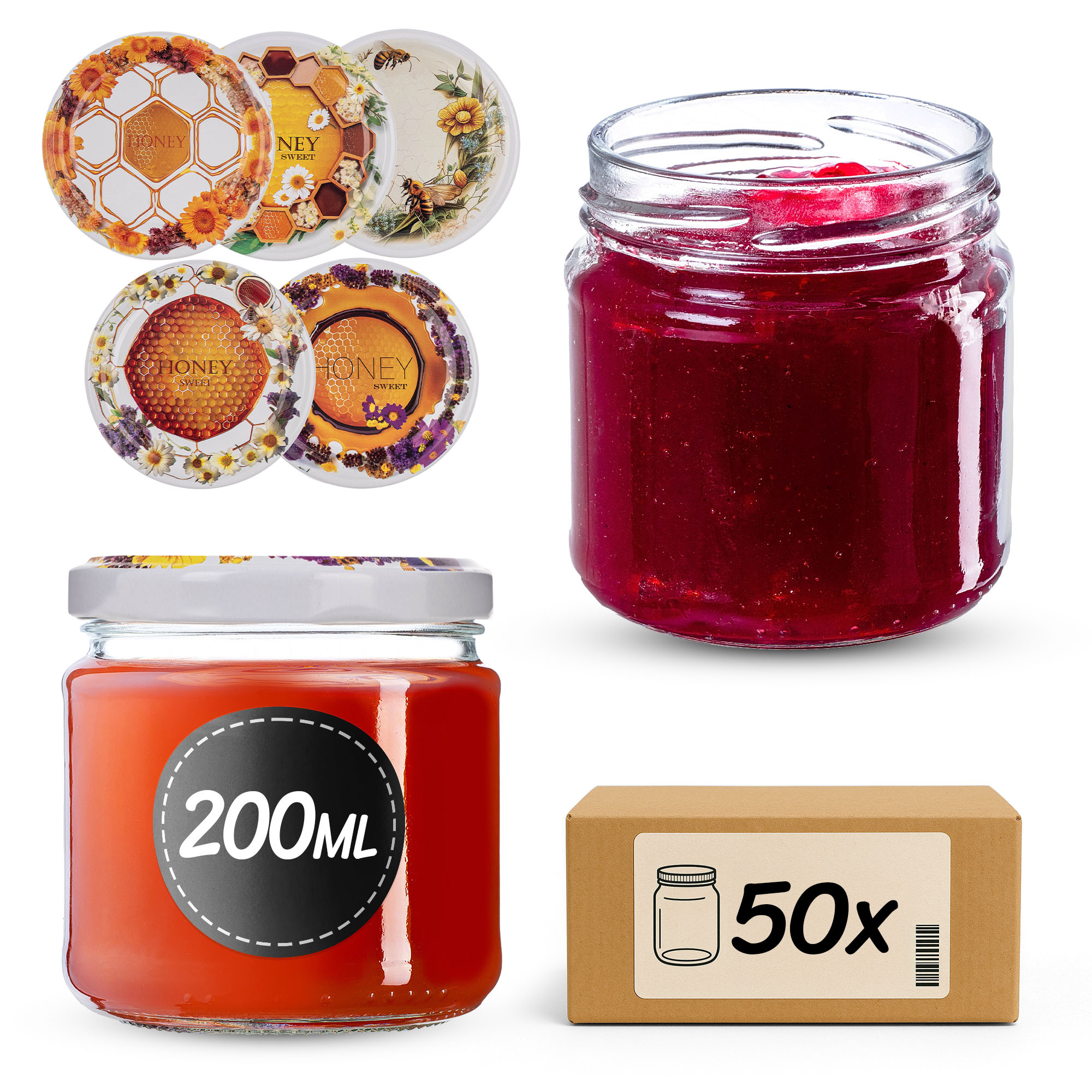 Słoiki na przetwory Lerma 200ml 50szt 66mm + wieczka "Słodki miód"