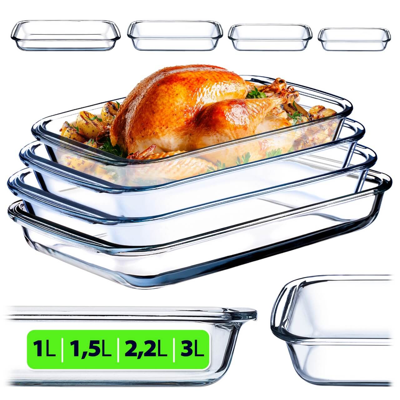 Zestaw prostokątnych naczyń żaroodpornych Crest 1L + 1.5L + 2.2L + 3L