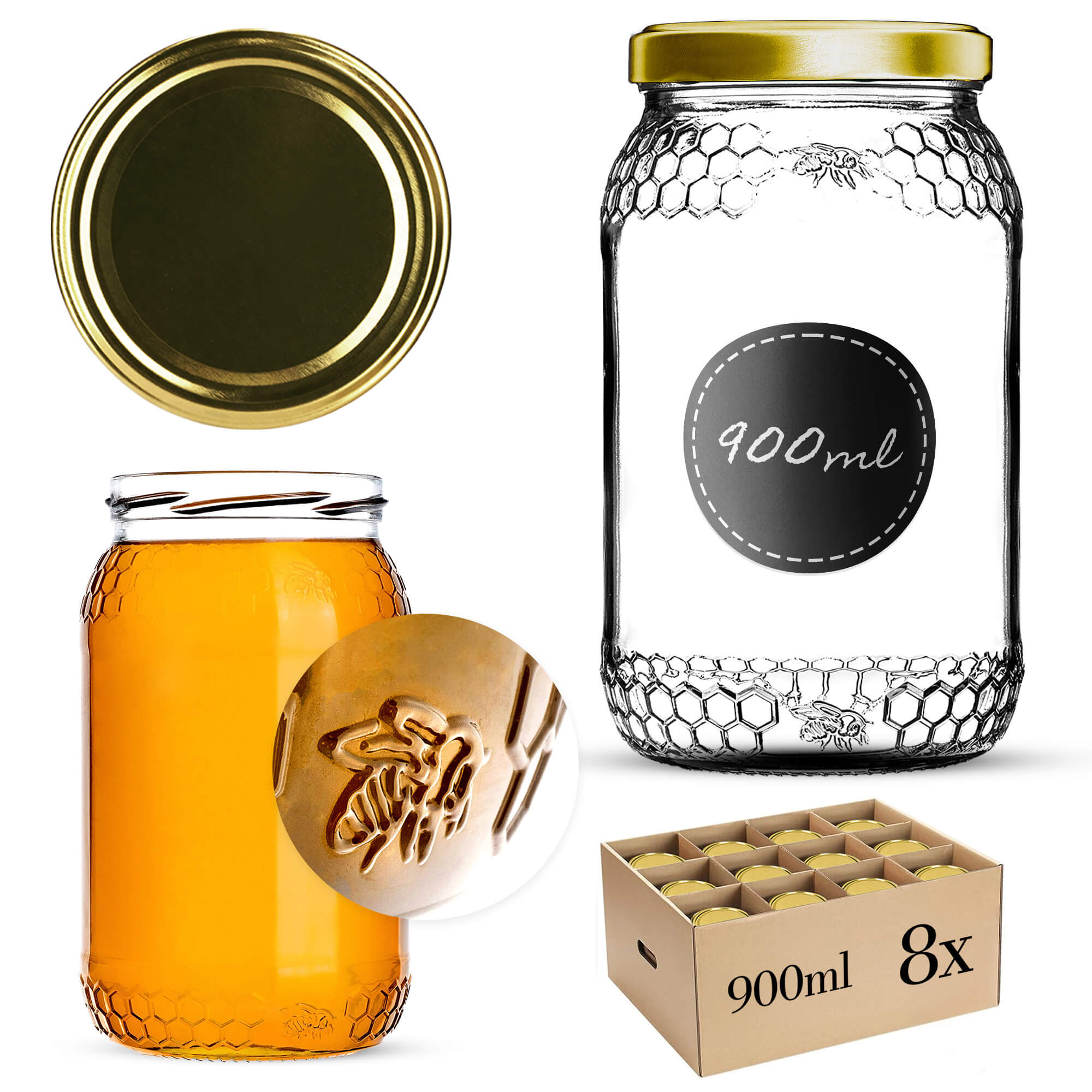 Szklany słój Lierde 900ml 82mm 8 szt. + wieczka złote