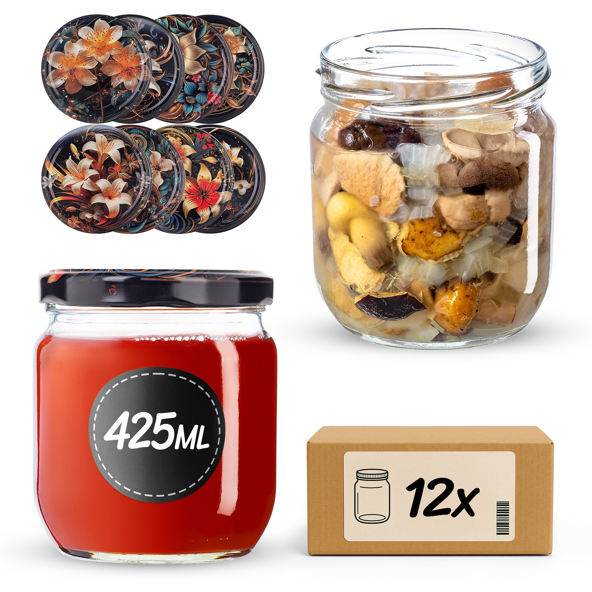 Słoiki na przetwory Salla 425ml fi82mm 12szt + wieczko Kwiaty