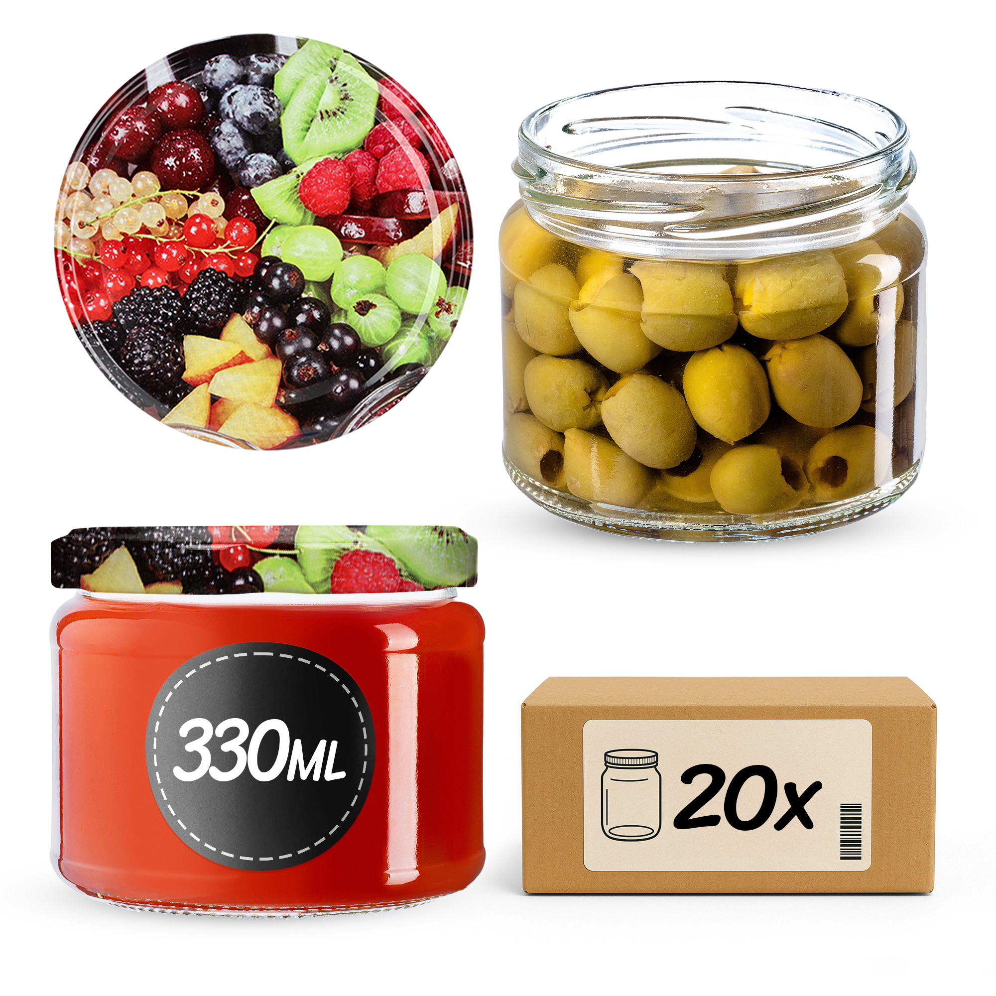 Słoiki Sonka 330ml 20szt 82mm + wieczka "Owoce"