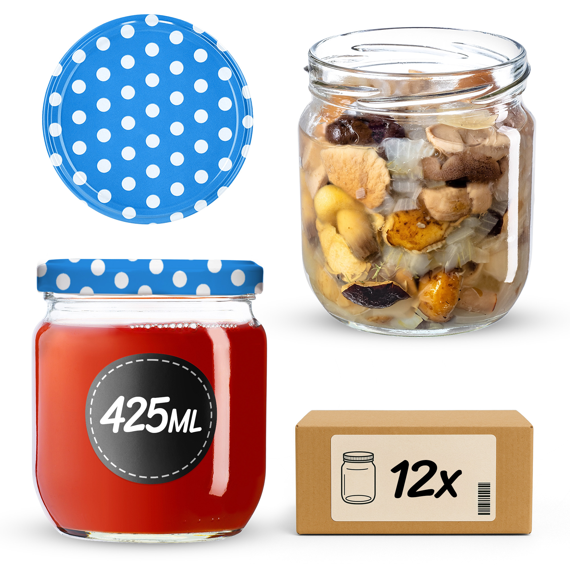 Słoiki na przetwory Salla 425ml fi82mm 12szt + wieczko Groszek niebieski