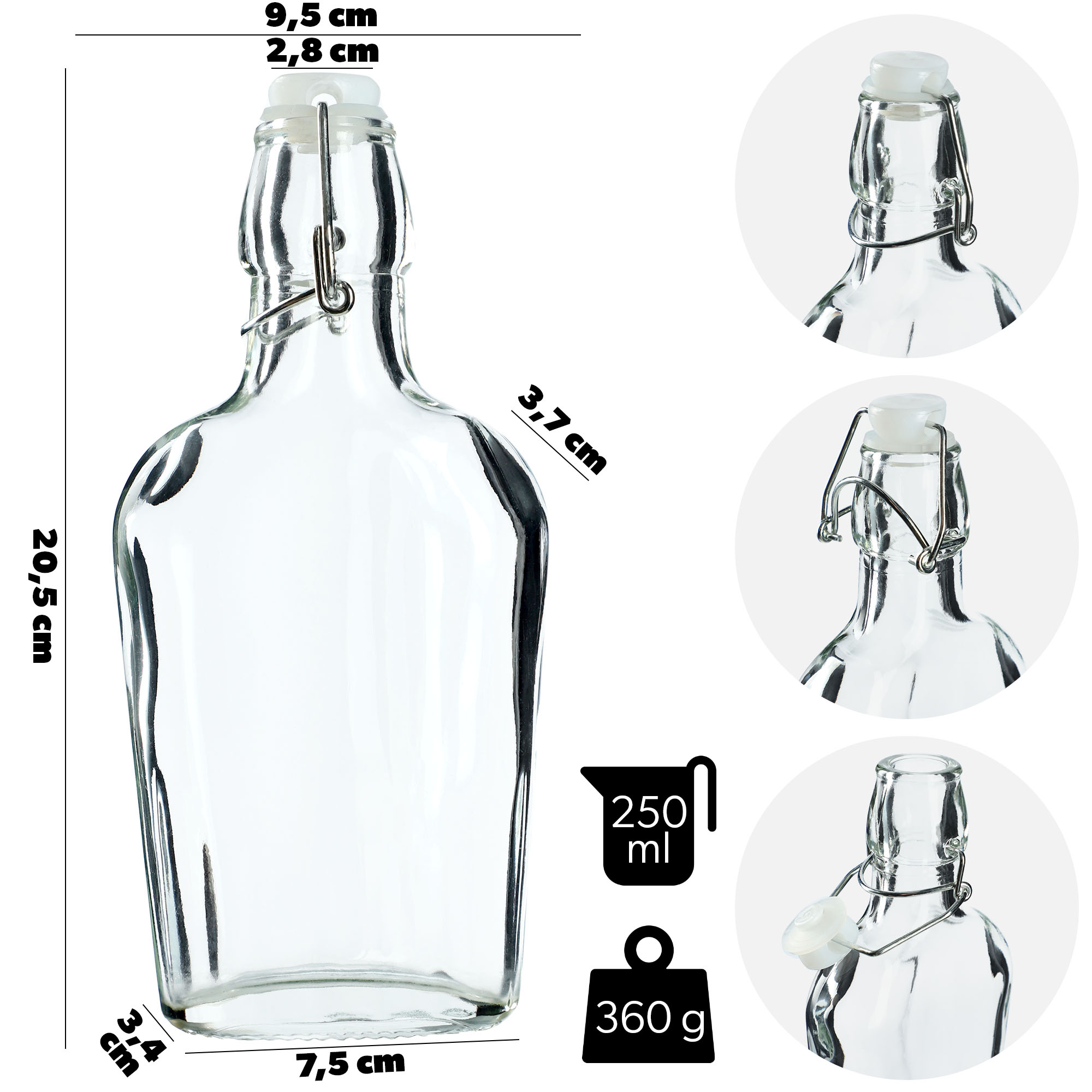 Butelka płaska z korkiem mechanicznym Preci 250 ml 6 szt.