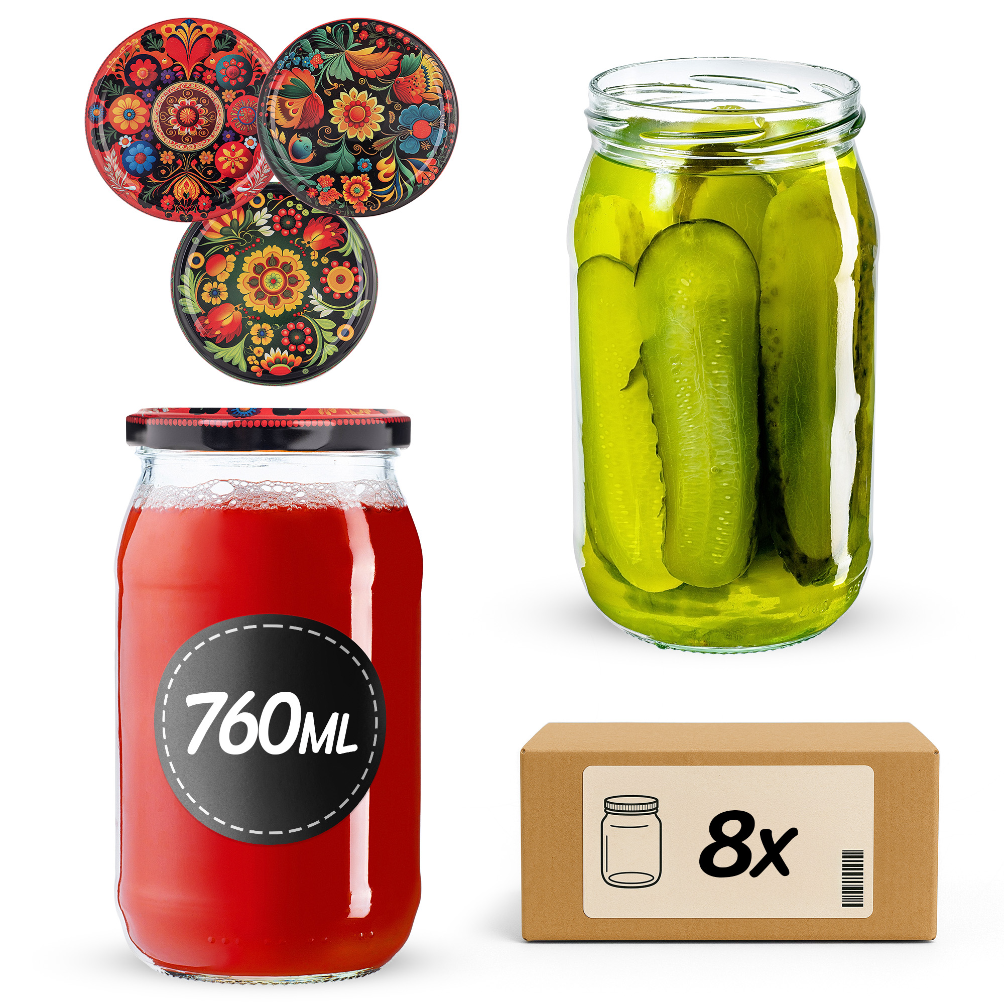 Słoiki na przetwory Niva 760ml fi82mm 8szt + wieczko Haftowanka