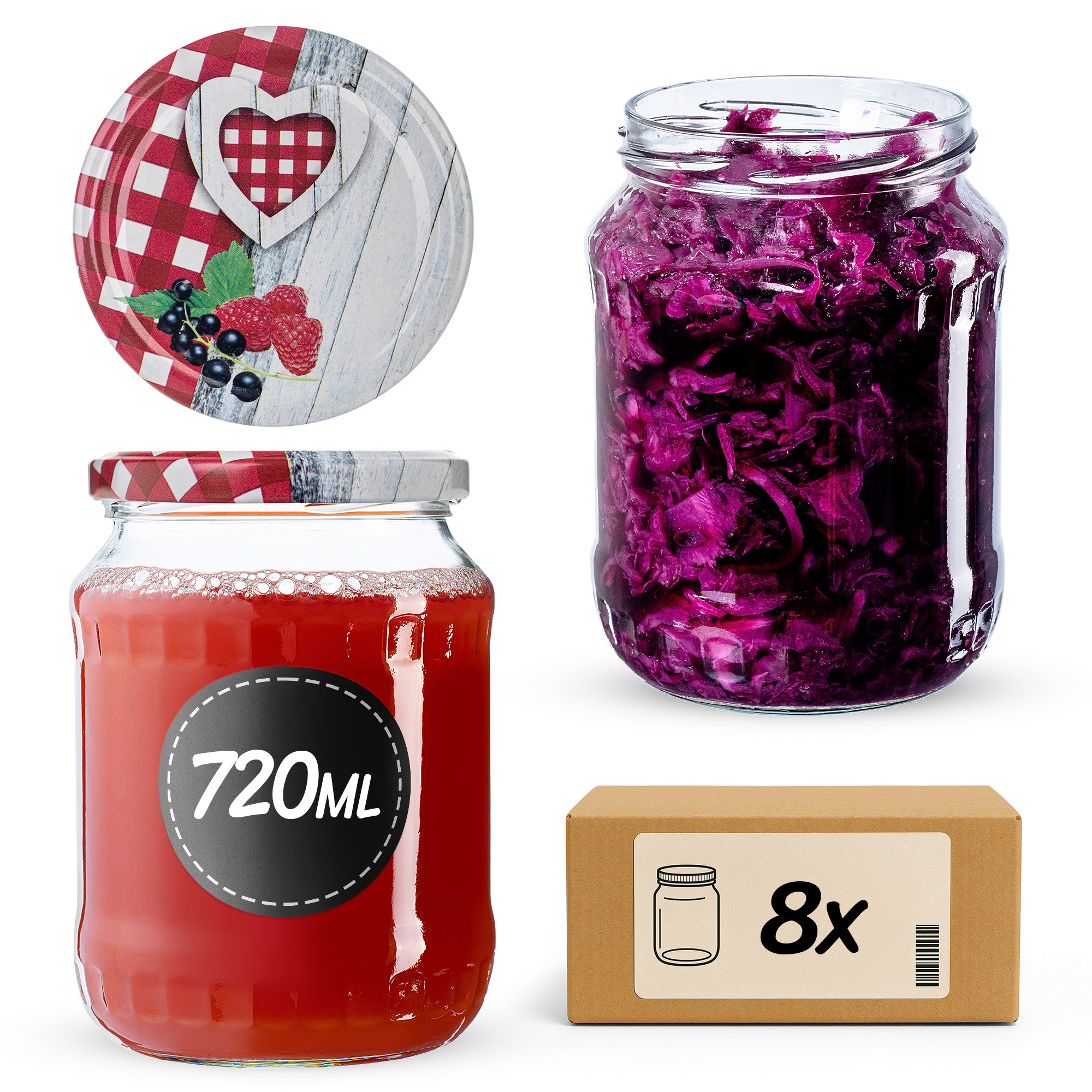 Słoiki na przetwory Jukka 720ml fi82mm 8szt + wieczko Krata z serduszkiem