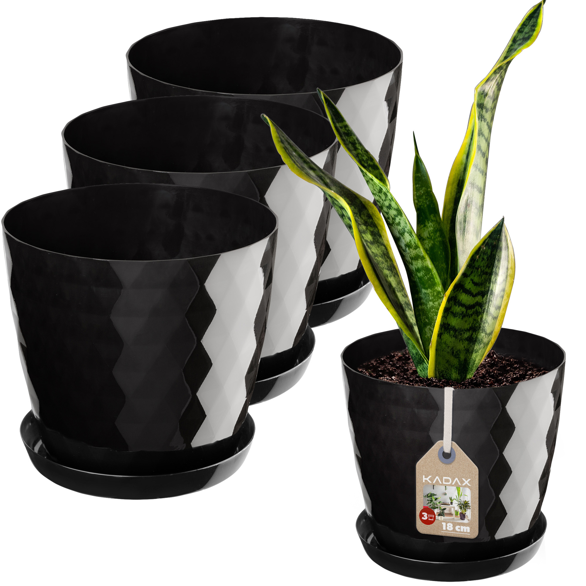 Doniczka na kwiaty z podstawką czarna Amily 18 cm, 3 szt.